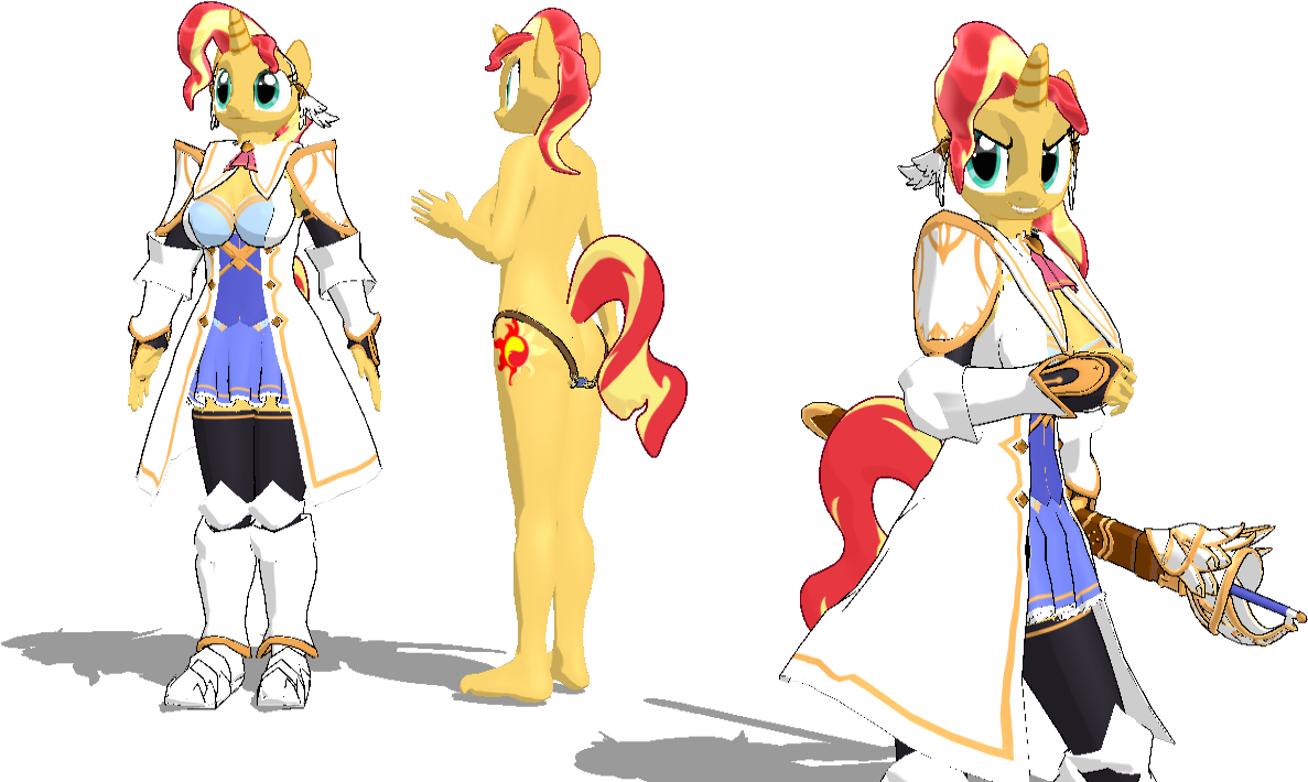彩虹小馬 桌布 壁紙 — 三個視角展示一隻風格化擬人化小馬，身穿奇幻盔甲和服飾，背景為黑色。