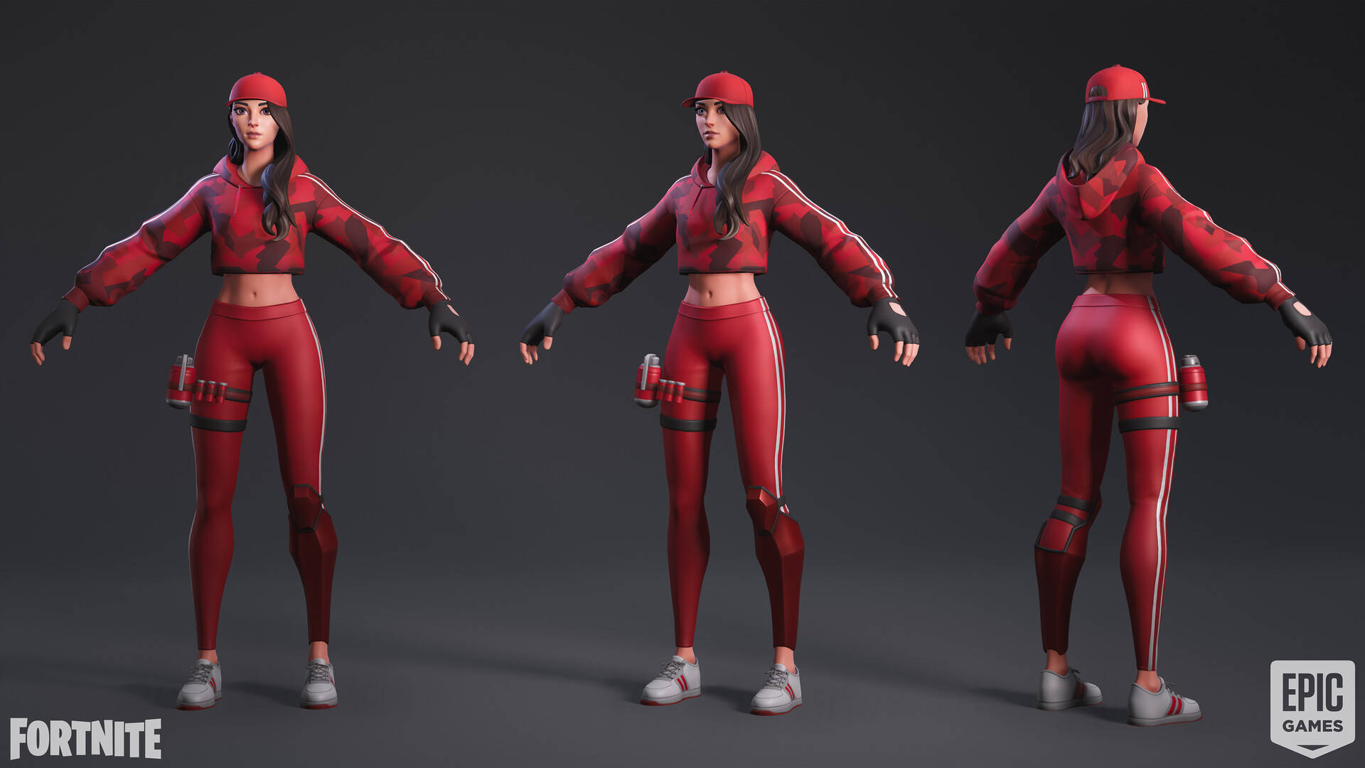 Ruby 桌布 壁紙 — 三個視角的Fortnite角色，身穿紅色運動裝備，背景為深色攝影棚。