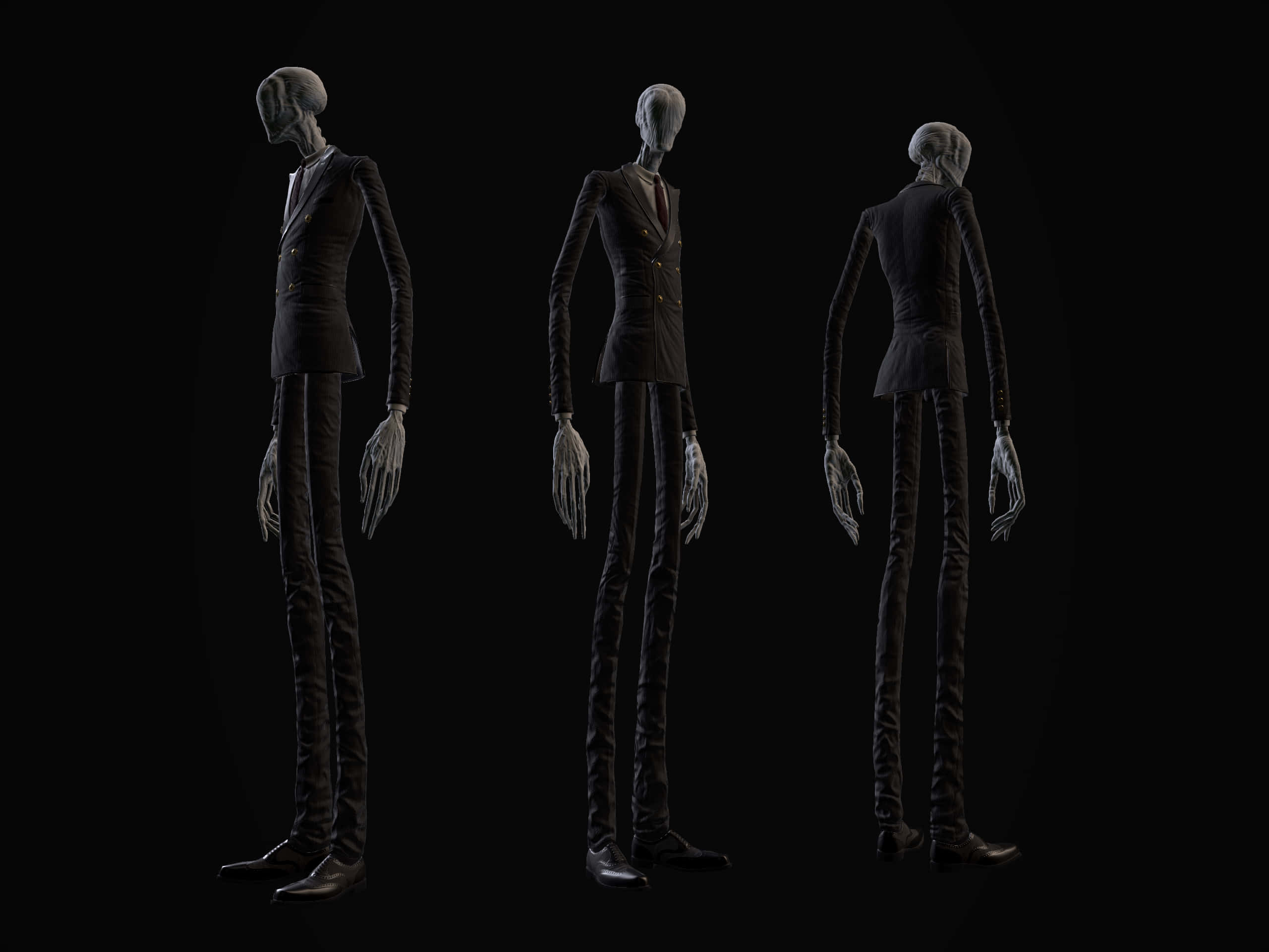 Creepypasta 桌布 壁紙 — 三個視角顯示一個身穿黑色西裝的高瘦人形，背景為深色。