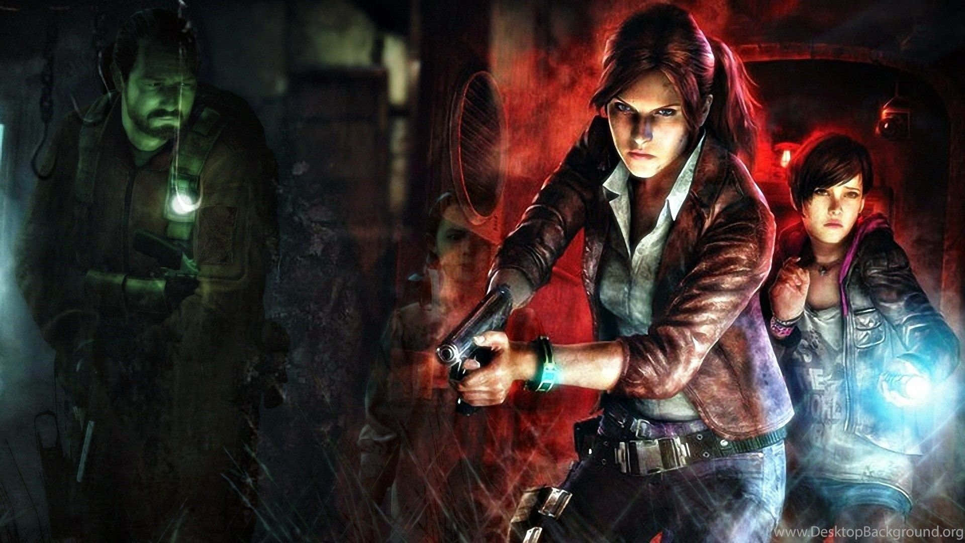 1920x1080 Resident Evil 2 桌布 壁紙 — 三個角色在一個黑暗、煙霧瀰漫的走廊中，帶有紅色和綠色燈光，其中一個向前瞄準槍支。
