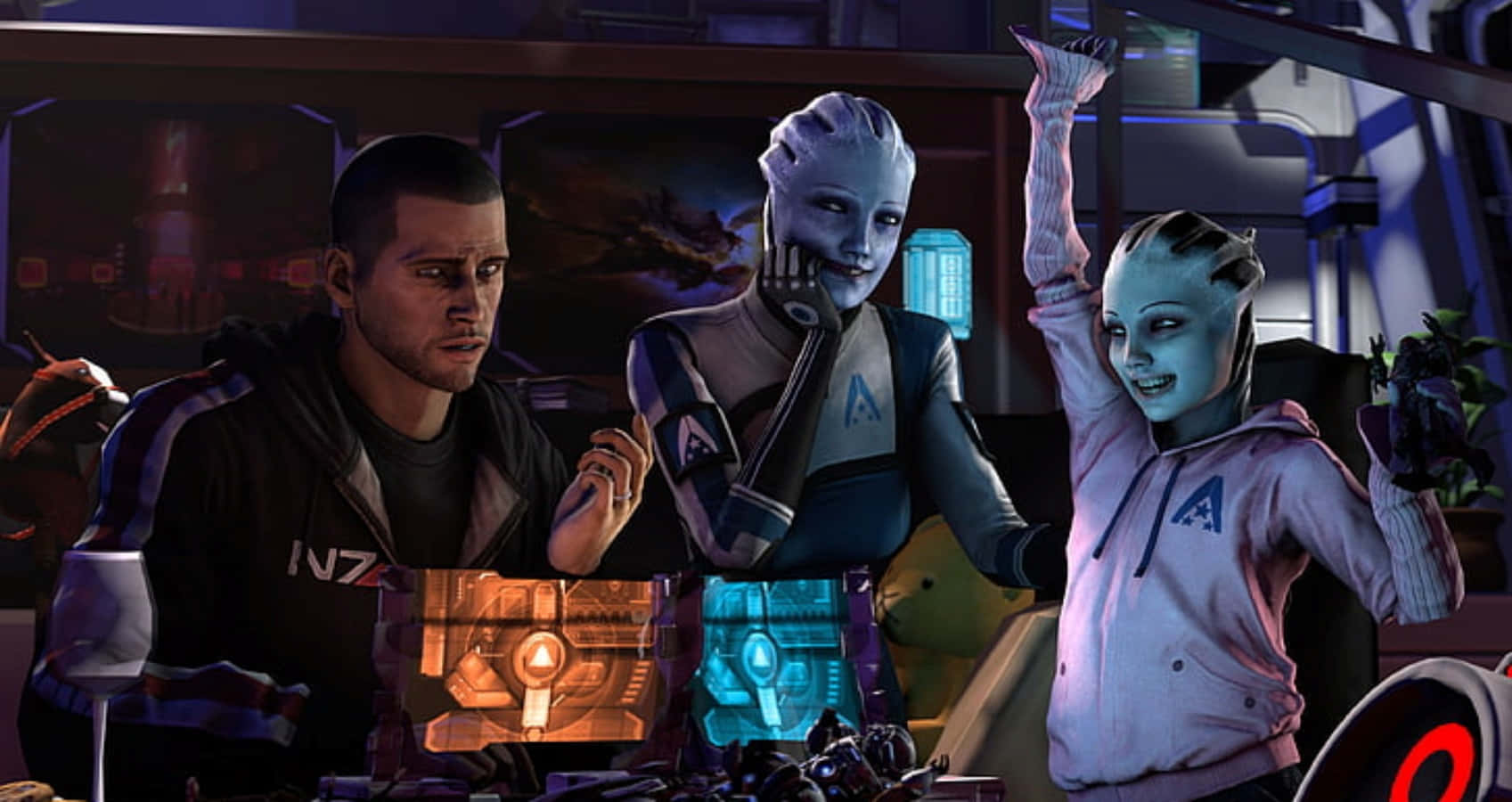 Mass Effect Characters 桌布 壁紙 — 三個角色在未來主義的駕駛艙中，有發光的藍色和橙色面板，外星船員正在慶祝。