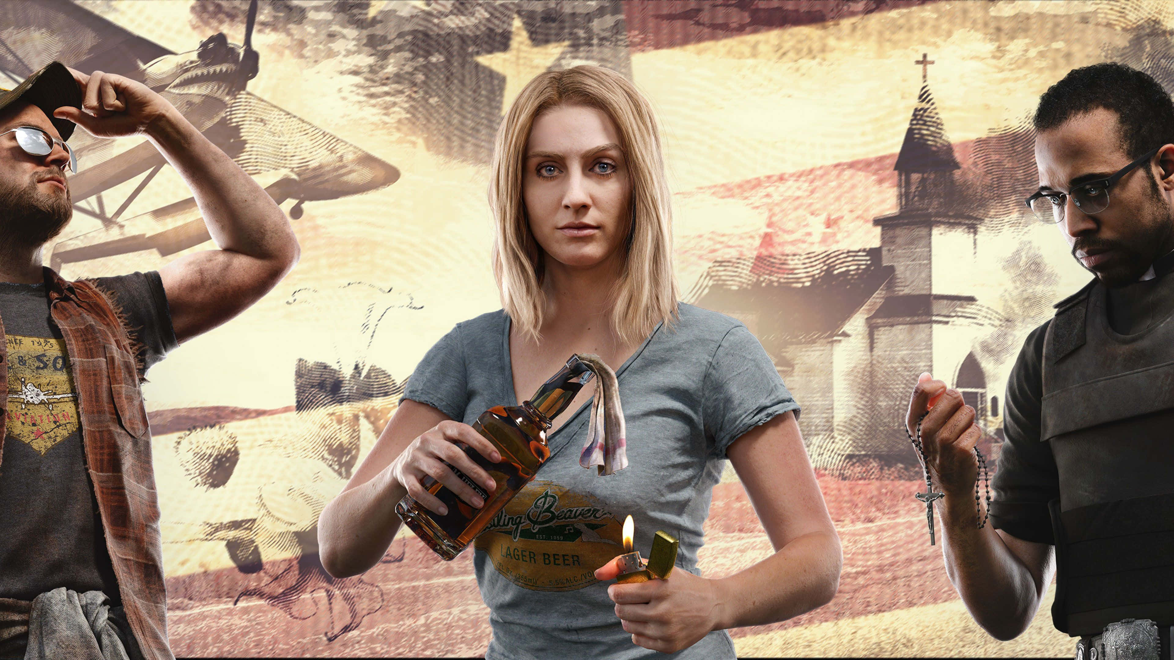 Far Cry 5 桌布 壁紙 — 三個角色在粗糙的拼貼畫中：一個戴太陽眼鏡和帽子的男人，一個拿著啤酒瓶和打火機的女人，以及一個戴眼鏡拿著玫瑰經的男人，背景是教堂和飛機。