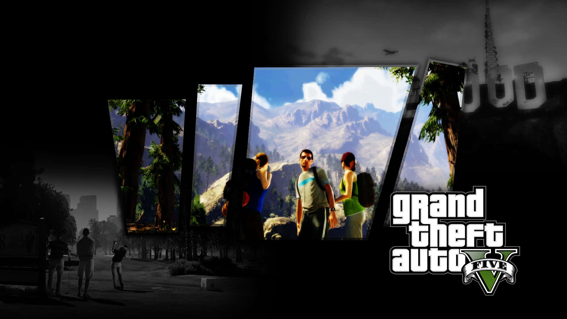 GTA 5 動圖 桌布 壁紙 — 三個角色站在一個山區景觀中，周圍環繞著破碎的螢幕，顯示城市景觀和GTA V標誌。
