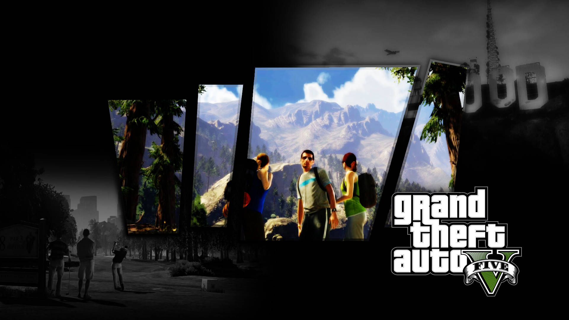 gta v 桌布 壁紙 — 三個角色站在一個山景中，周圍環繞著顯示GTA V標誌和城市景觀的破碎螢幕。