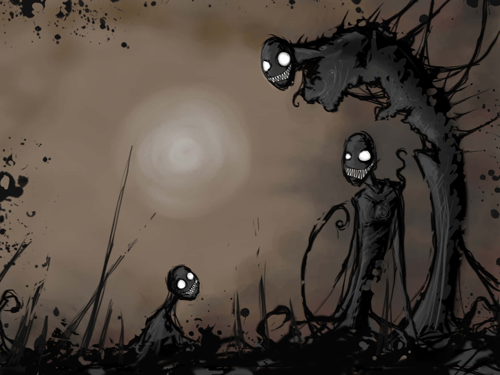 macabre 桌布 壁紙 — 三個詭異的黑色生物，有著發光的白色眼睛和鋸齒狀的笑容，潛伏在荒涼、濺滿墨水的荒原上，蒼白的太陽下。