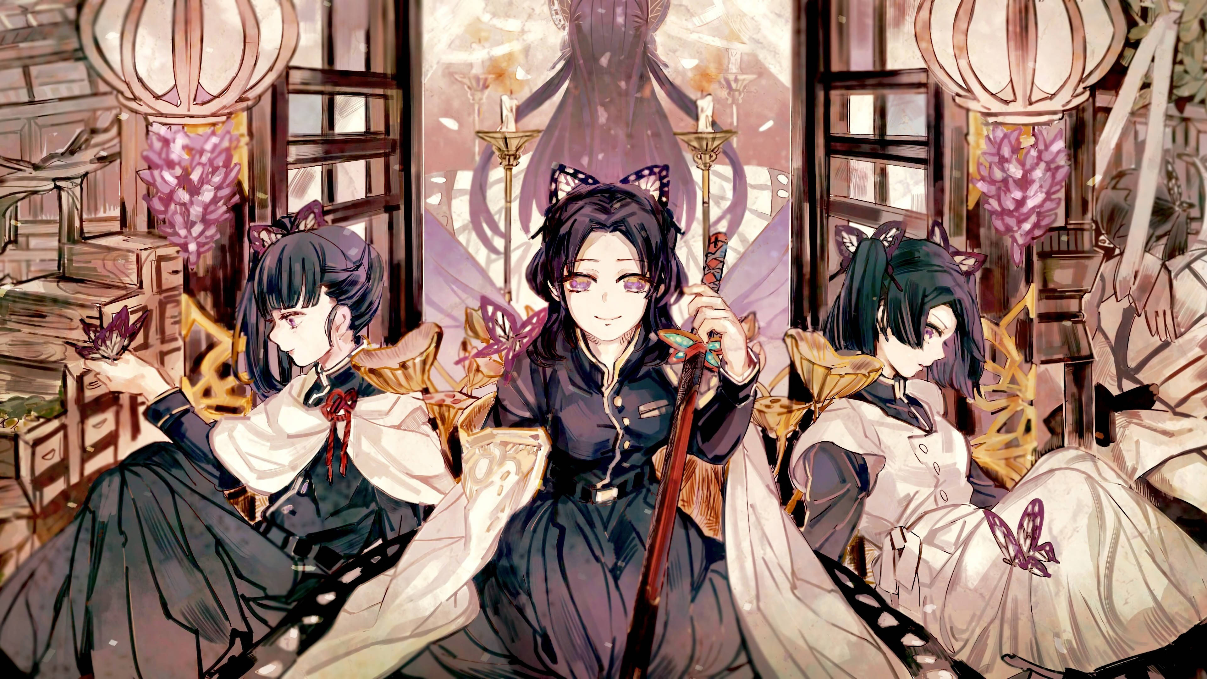 kanae kocho 桌布 壁紙 — 三個貓耳動漫女孩坐在一個溫暖照明的傳統房間裡，房間裝飾著燈籠和蝴蝶。