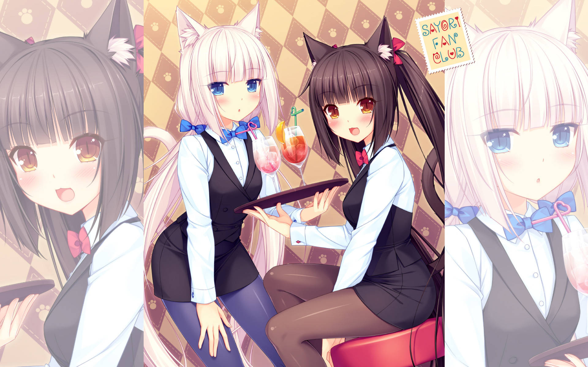 Nekopara 桌布 壁紙 — 三個貓耳女僕裝的動漫女孩在一個有爪印壁紙的舒適咖啡館裡提供飲料。