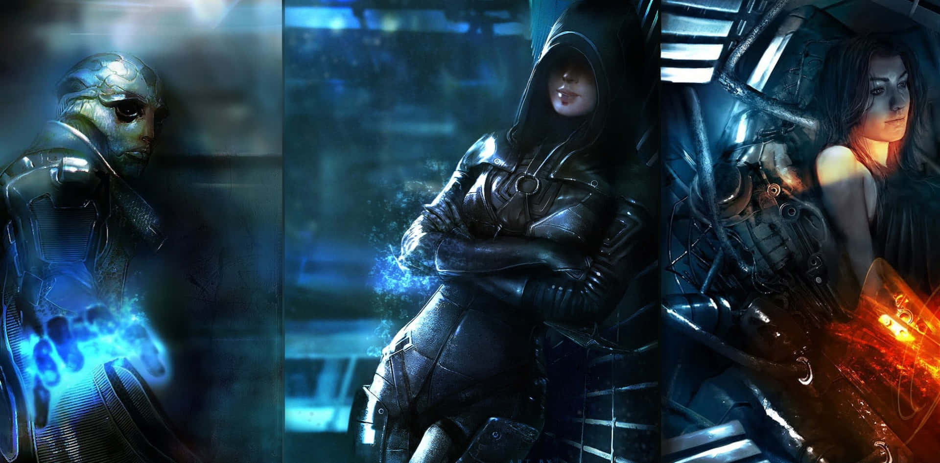 Mass Effect Characters 桌布 壁紙 — 三個賽博龐克角色在黑暗的未來設定中發出藍色和橙色的光芒。