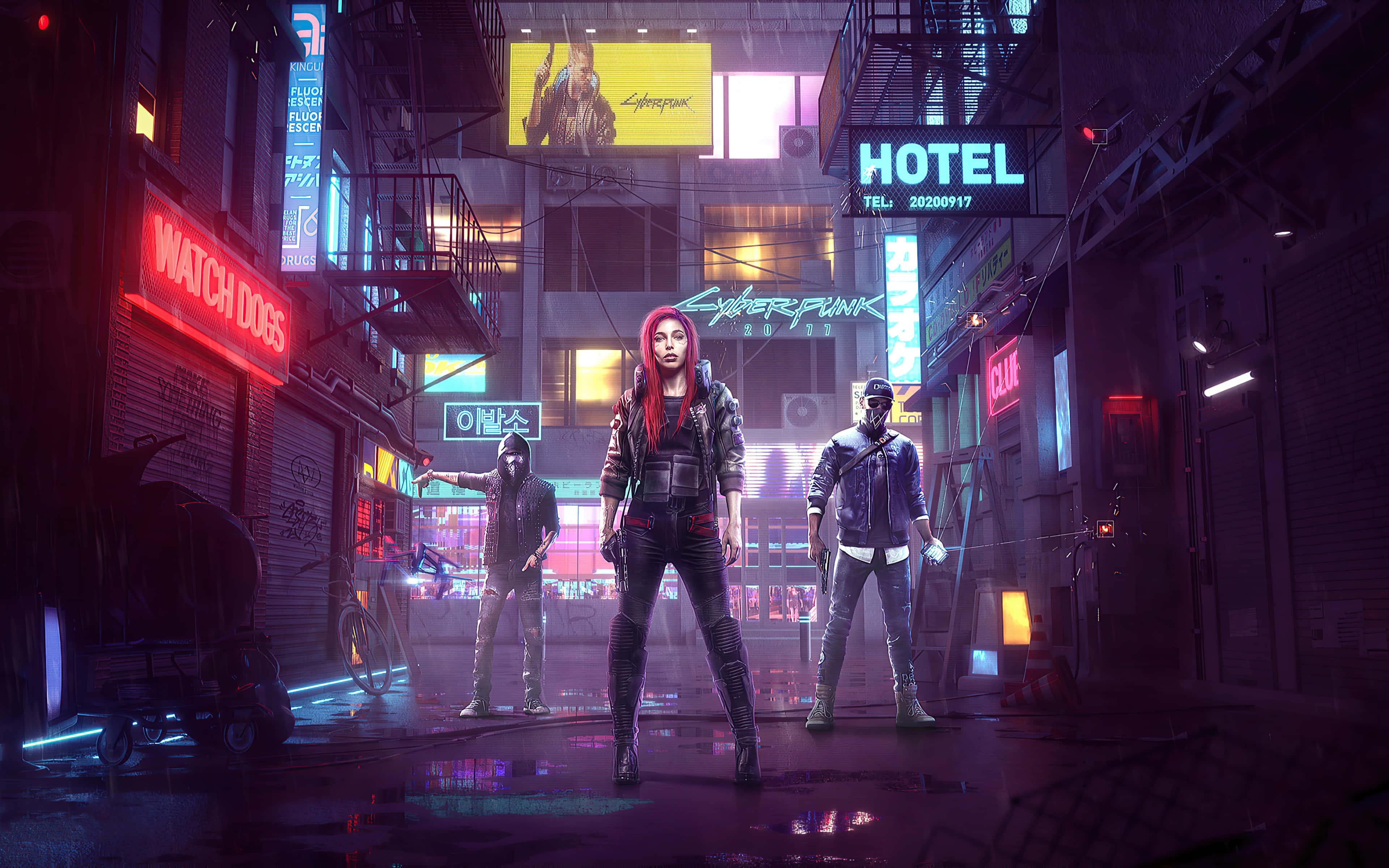 Dark Cyberpunk 桌布 壁紙 — 三個賽博龐克角色站在霓虹燈浸透、雨水浸濕的小巷中，下方是發光的招牌和潮濕路面的倒影。