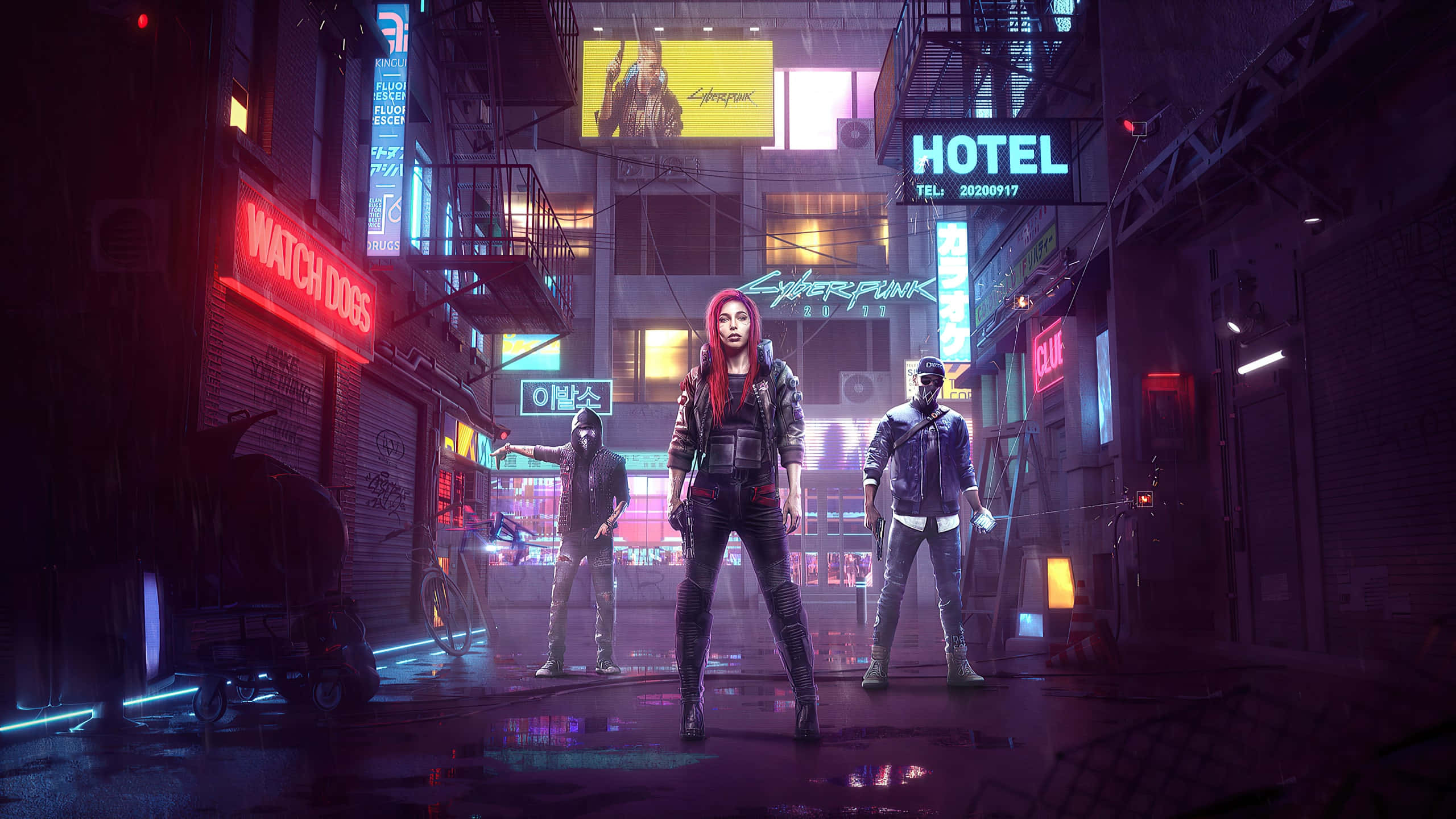 Cyberpunk Aesthetic 桌布 壁紙 — 三個賽博龐克角色站在霓虹燈照亮、雨水浸濕的小巷中，周圍有發光的招牌和潮濕反光的街道。
