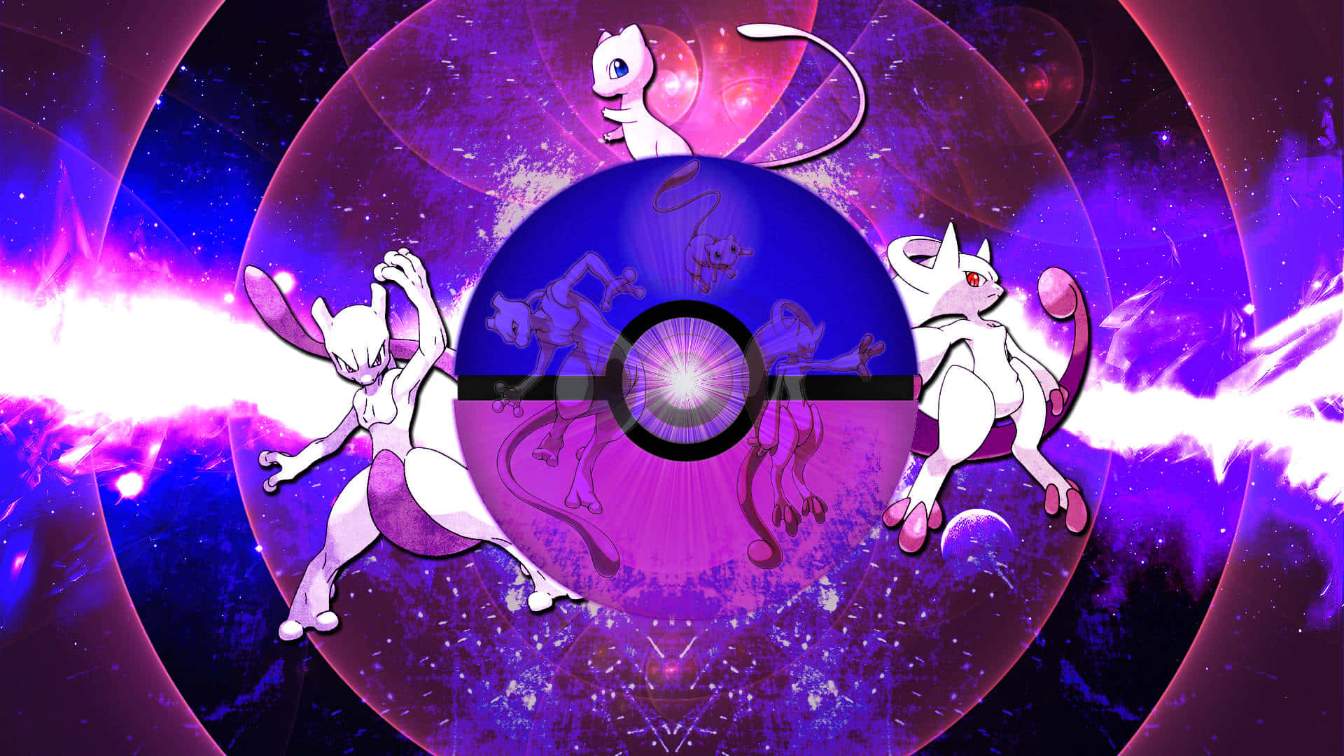 Void 桌布 壁紙 — 三個超夢變體從發光的精靈球中爆發出來，背景是宇宙紫色星雲，伴隨著輻射能量光束。