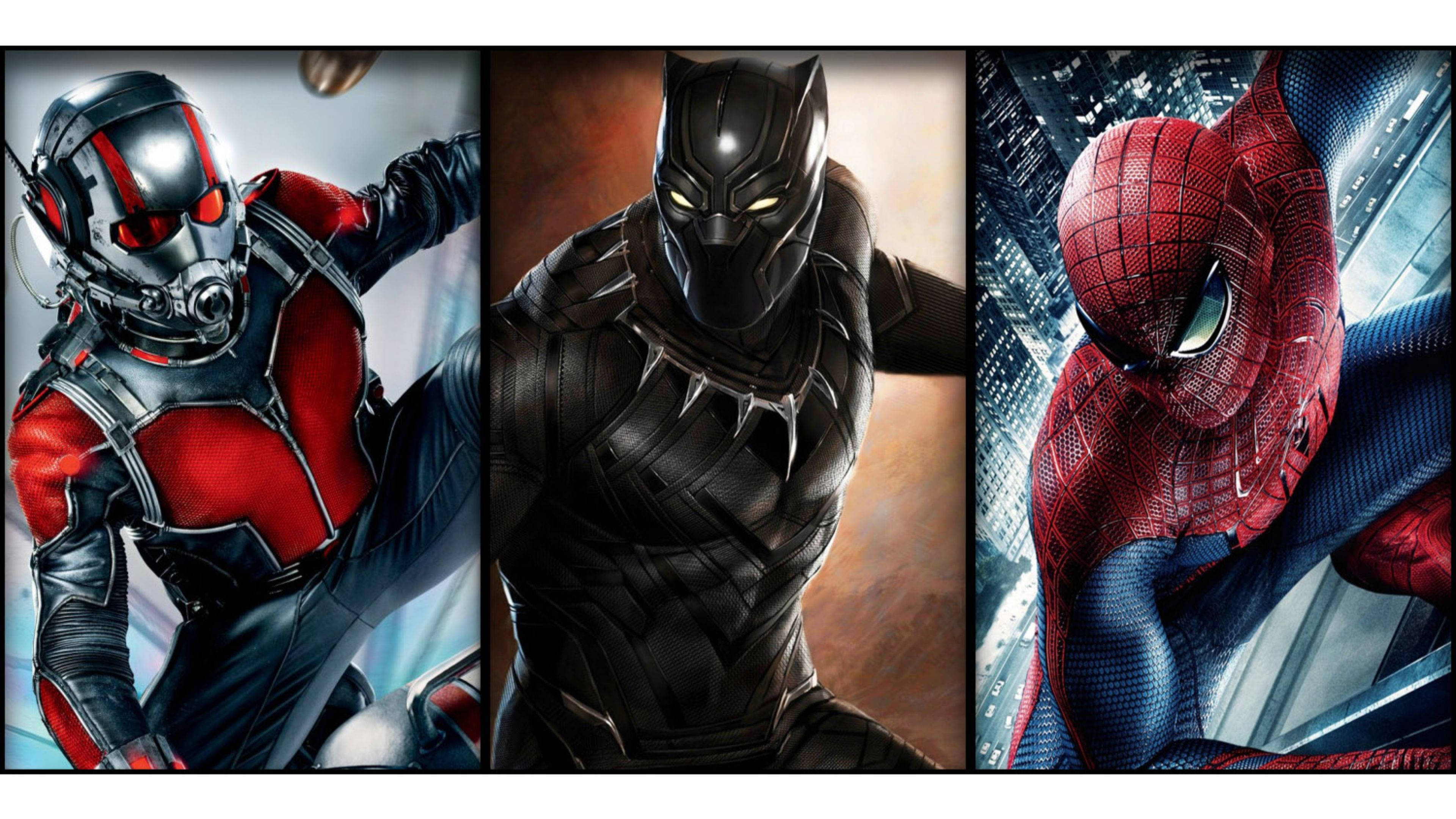 4K Marvel 壁紙 桌布 壁紙 — 三個超級英雄角色蟻人、黑豹和蜘蛛俠在都市背景下動態擺姿勢。