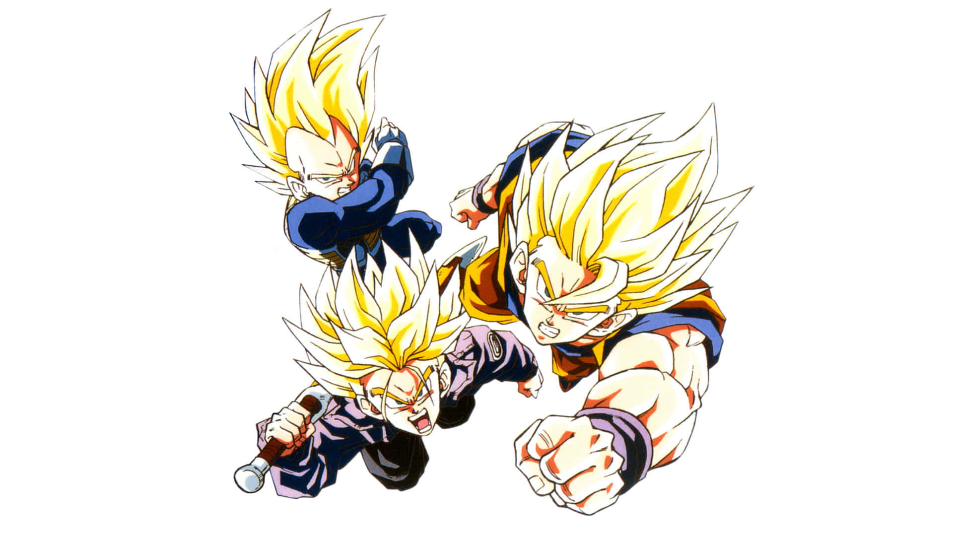 Vegeta And Trunks 桌布 壁紙 — 三個超級賽亞人動畫角色，以動態戰鬥姿勢呈現，擁有尖刺金色頭髮和強烈表情。