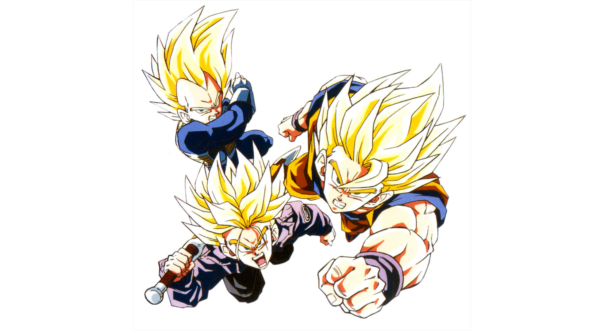 Dragon Ball Z Trunks 桌布 壁紙 — 三個超級賽亞人動畫角色以動感戰鬥姿勢呈現，擁有尖刺金色頭髮和強烈表情。