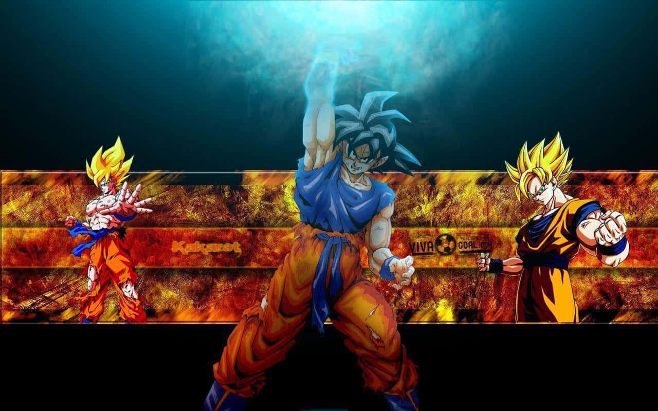 Goku Aesthetic 桌布 壁紙 — 三個超級賽亞人悟空角色在動態戰鬥姿勢中，背景為火橙色和深藍色。