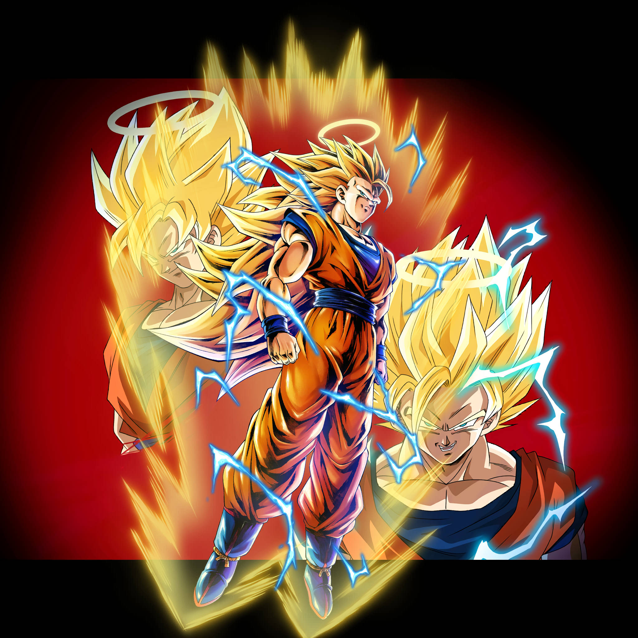 Goku Ssj3 桌布 壁紙 — 三個超級賽亞人悟空角色在火紅背景前散發出金色能量和藍色閃電。