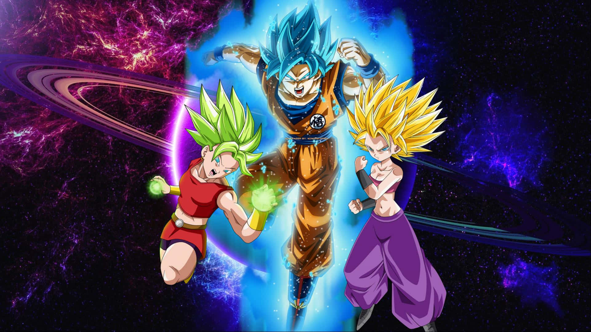 Dragon Ball Super Universe 6 桌布 壁紙 — 三個超級賽亞人角色在旋轉的紫色和藍色星雲以及發光行星的宇宙背景下散發著能量。