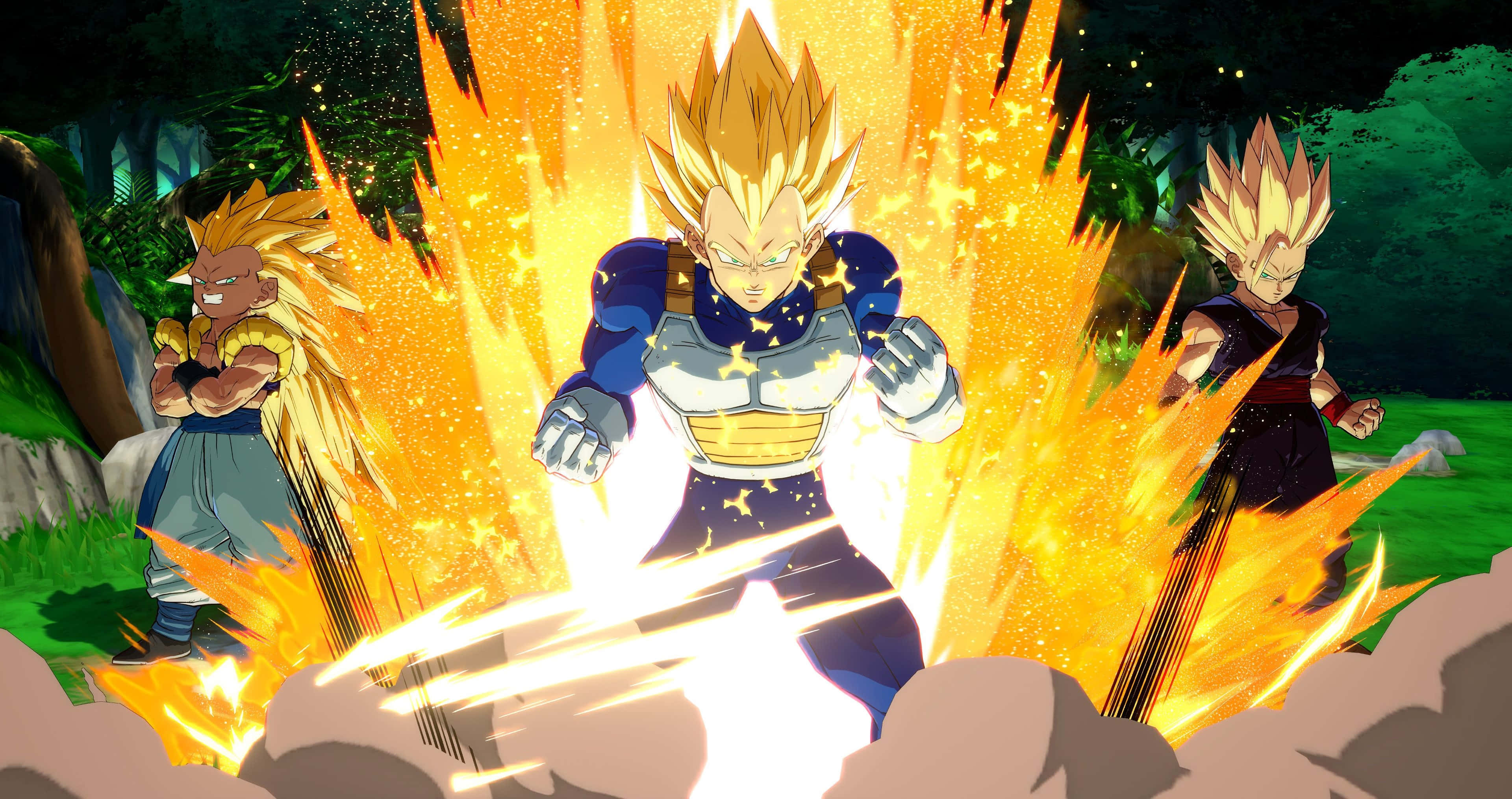 Dragon Ball Fighterz 桌布 壁紙 — 三個超級賽亞人角色在森林空地中爆發金色能量，拳頭緊握，發出強烈光芒。