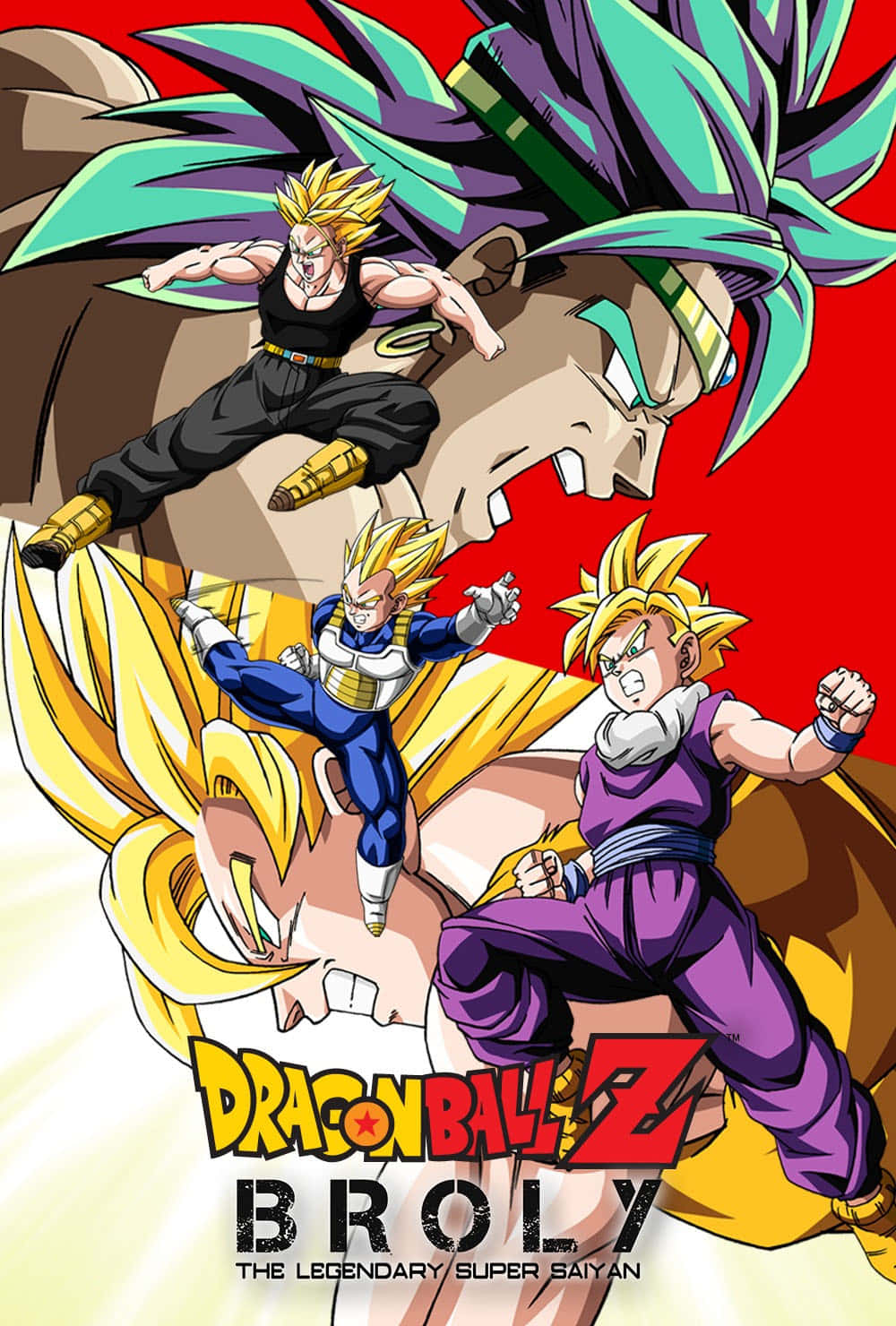 Dbz Movies 桌布 壁紙 — 三個超級賽亞人角色在熾熱的紅色背景前動態跳躍，並帶有七龍珠Z布羅利標題。