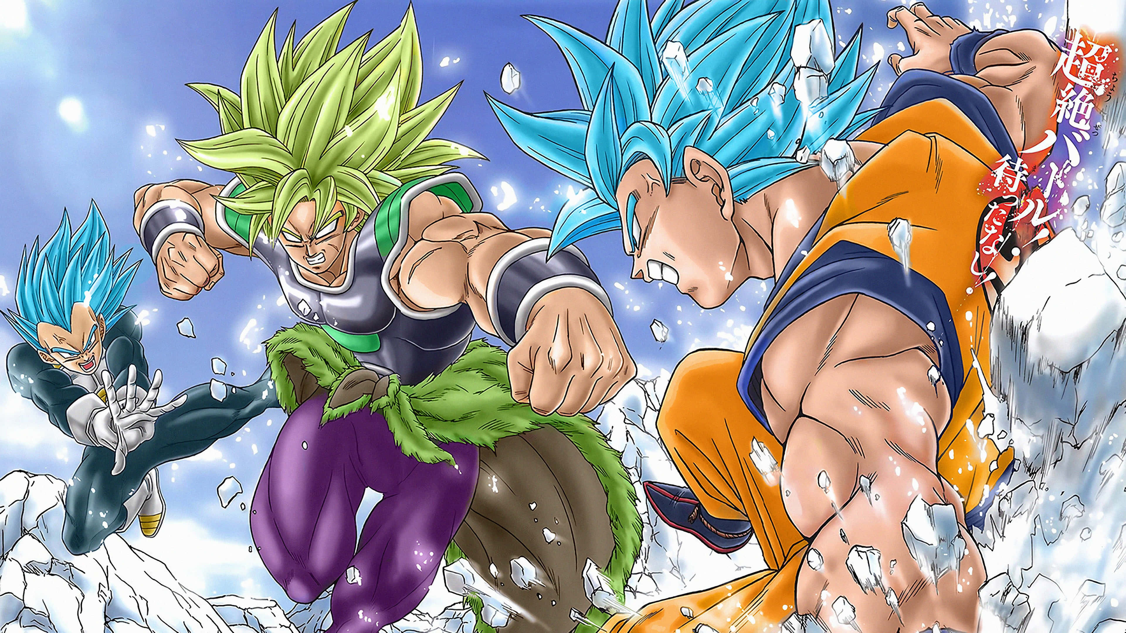 Vegeta And Broly 桌布 壁紙 — 三個超級賽亞人角色在破碎的冰雪中戰鬥，構成動態的動漫動作場景。
