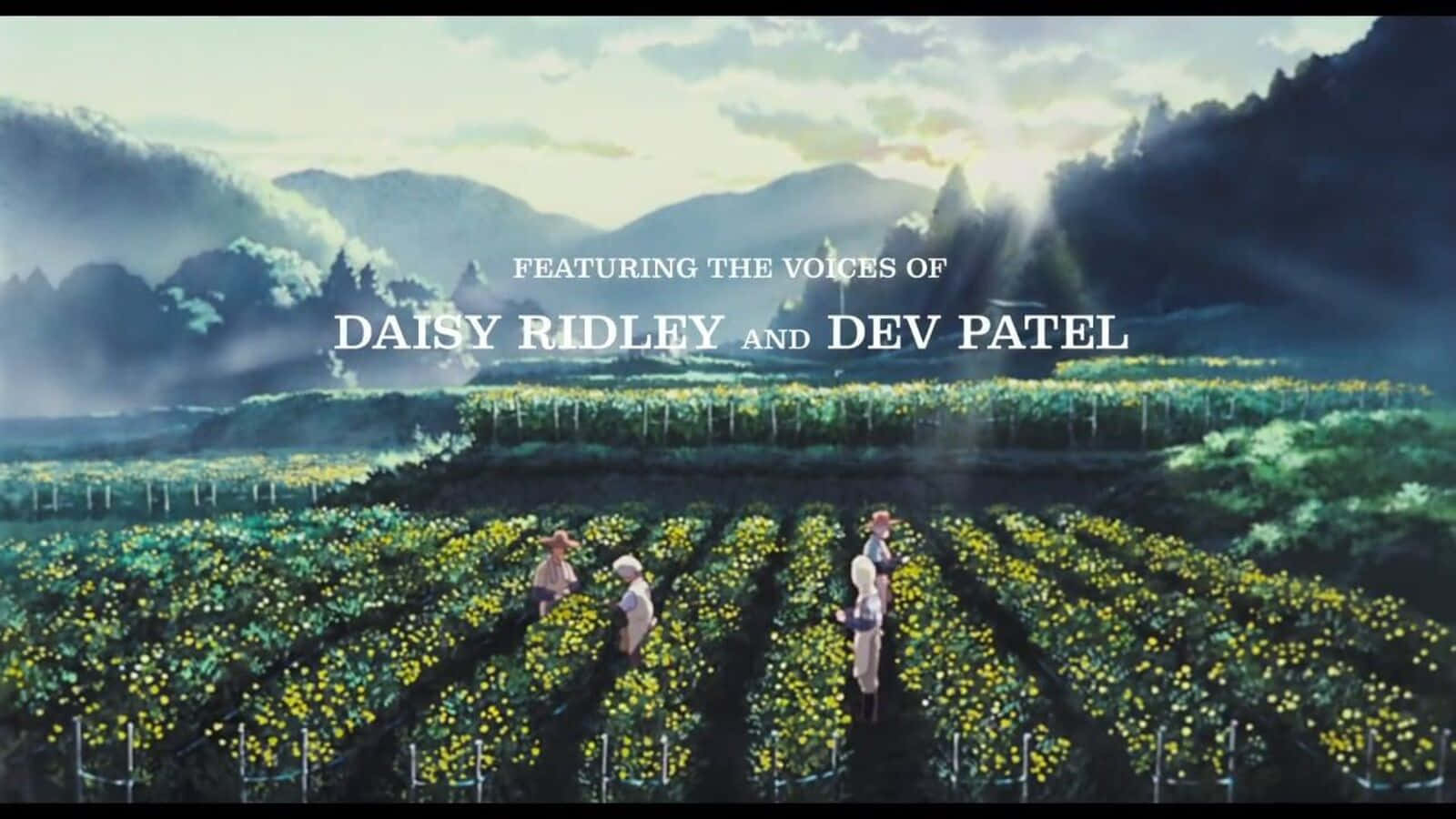 Only Yesterday 桌布 壁紙 — 三個身影走過霧氣瀰漫的山谷中一排排鮮豔的黃色花朵，陽光穿過山巒照射下來。