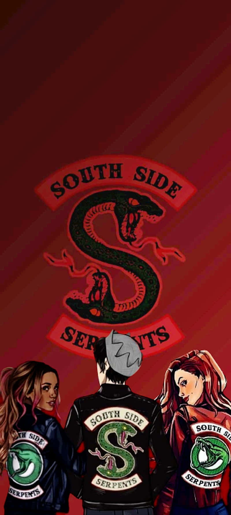 Southside Serpents 桌布 壁紙 — 三個身穿 South Side Serpents 外套的角色站在紅色漸變背景上一個大型蛇形標誌前。