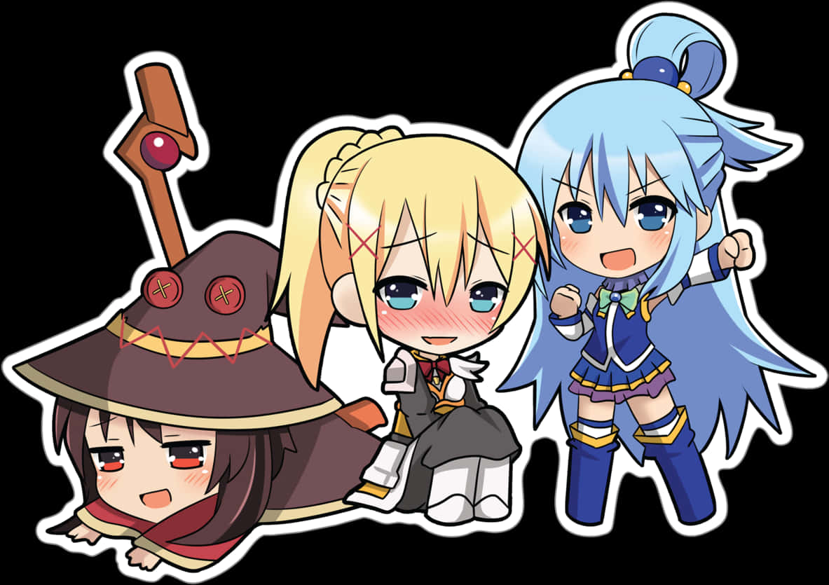 Anime Chibi 桌布 壁紙 — 三個身穿不同服裝、表情各異的Q版動漫角色在黑色背景前擺姿勢。