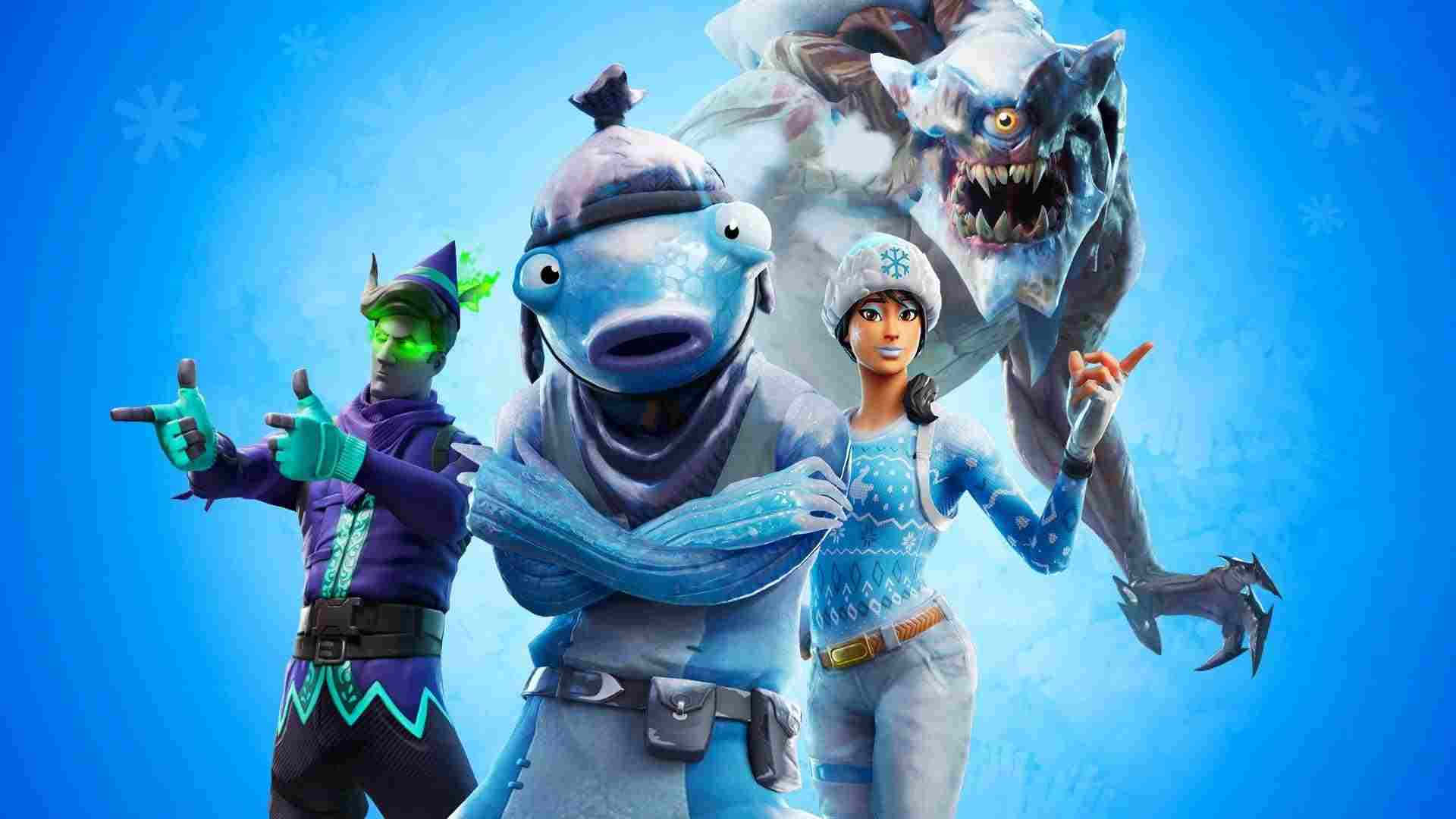 Fortnite 造型 桌布 壁紙 — 三個身穿冬季裝備的Fortnite角色在雪地藍色背景前自信地擺姿勢，身後有一個威脅性的冰怪潛伏著。