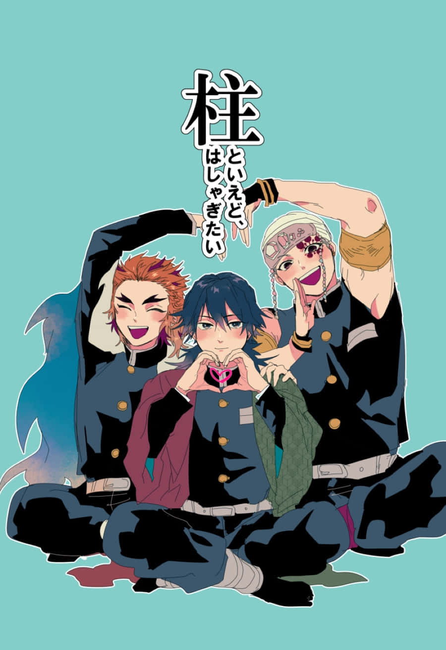Rengoku And Tengen 桌布 壁紙 — 三個身穿制服的動漫角色在帶有日文文字的藍綠色背景前開心地擺姿勢。