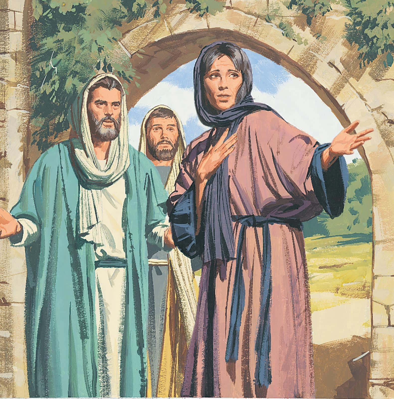 Mary Magdalene 桌布 壁紙 — 三個身穿古裝的人物站在石拱門下，上方有綠植，其中一名女子表情豐富地做手勢。