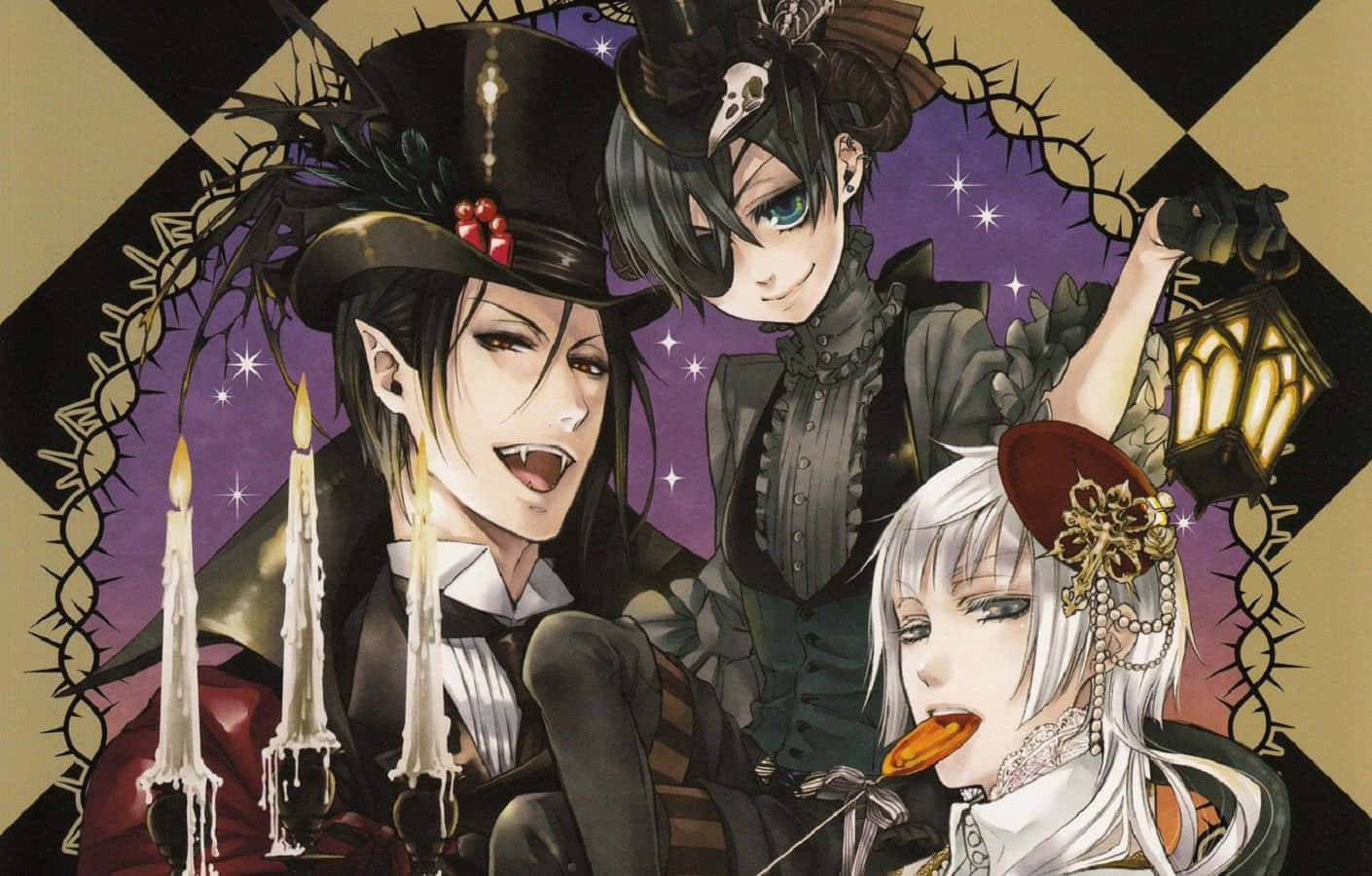 Vampire Costumes 桌布 壁紙 — 三個身穿哥德式服裝的動漫角色，手持蠟燭和燈籠，在荊棘環繞的星空紫色背景下擺姿勢。