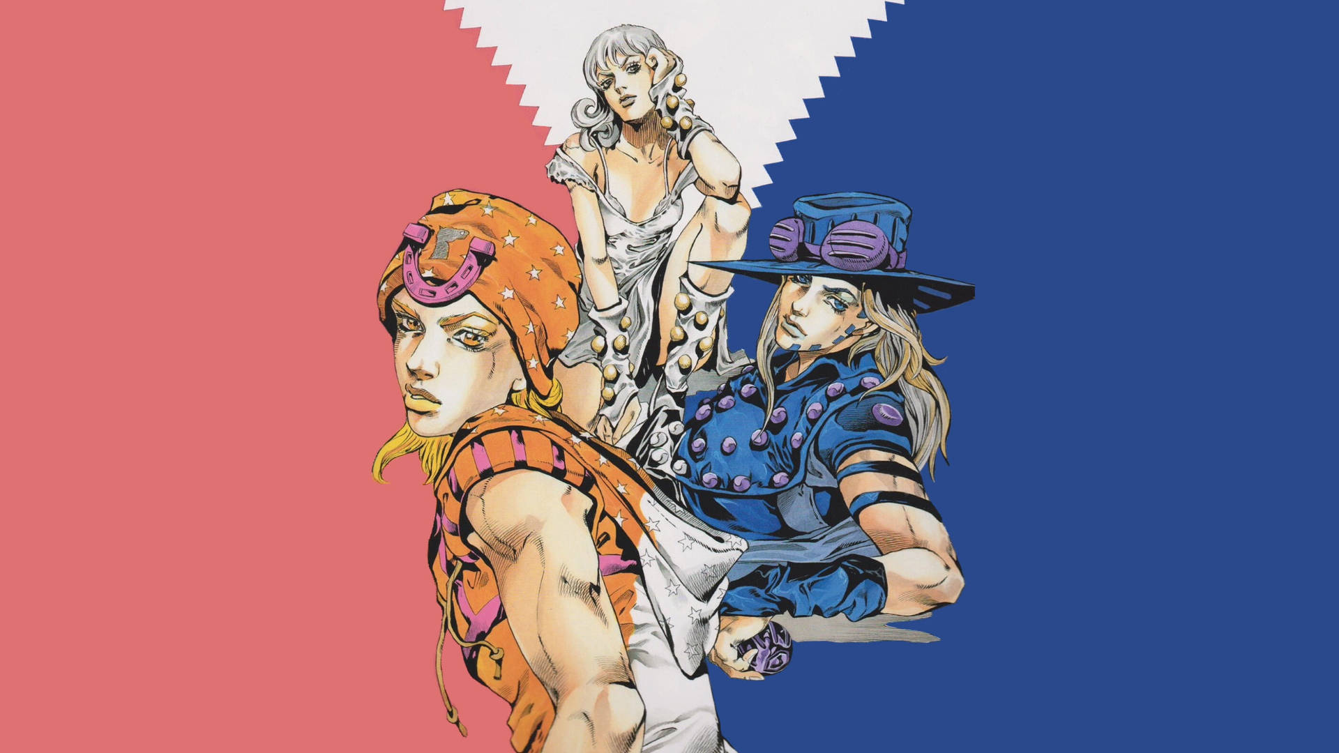 Johnny Joestar 桌布 壁紙 — 三個身穿大膽服裝的動漫角色站在以白色鋸齒線分隔的紅藍背景前。