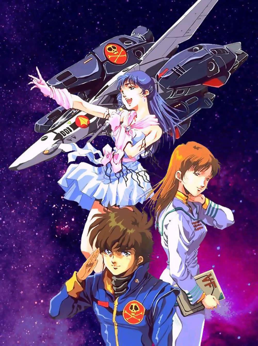 Macross 桌布 壁紙 — 三個身穿太空服的動漫角色站在一個星光閃爍的紫色宇宙前面，一架戰鬥機在他們上方盤旋。