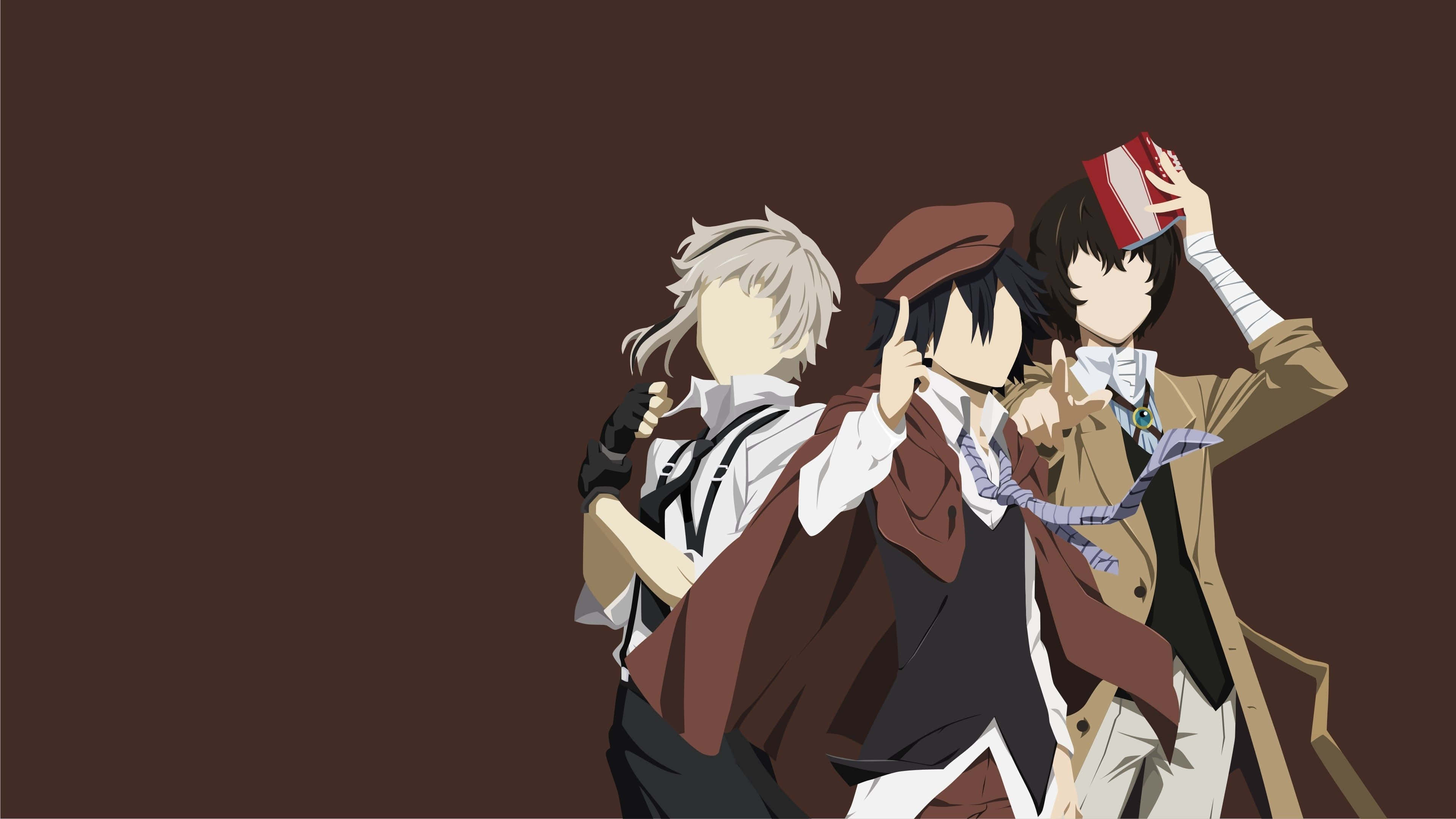 bungou stray dogs 桌布 壁紙 — 三個身穿復古服裝的動漫角色在純棕色背景前自信地擺姿勢。