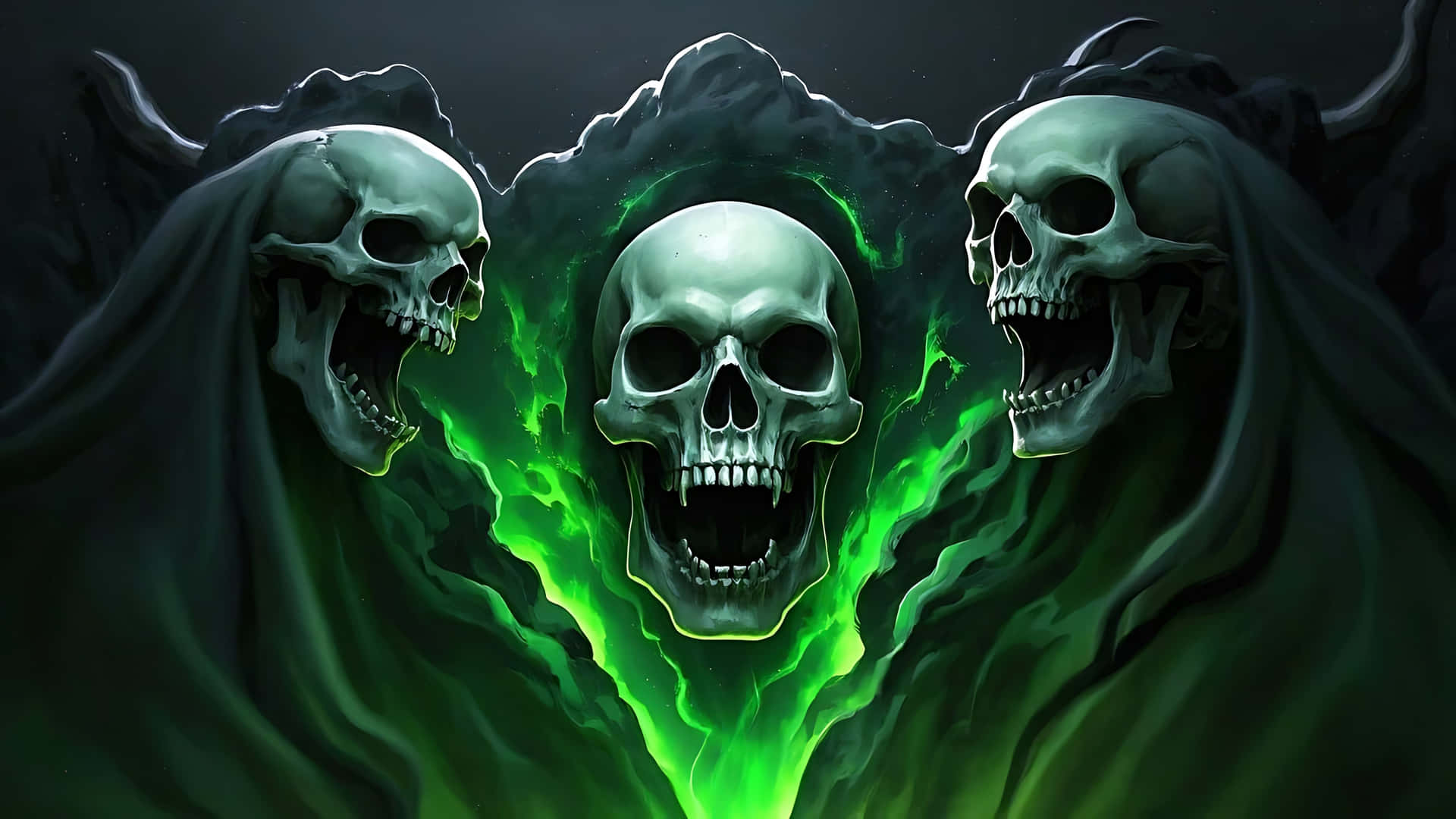 Ghost-Infested Skull with Screaming Shadows. ghost wallpaper 壁紙 — 三個身穿暗色斗篷的骷髏身影咆哮著，中央的頭骨噴發出發光的綠色能量。