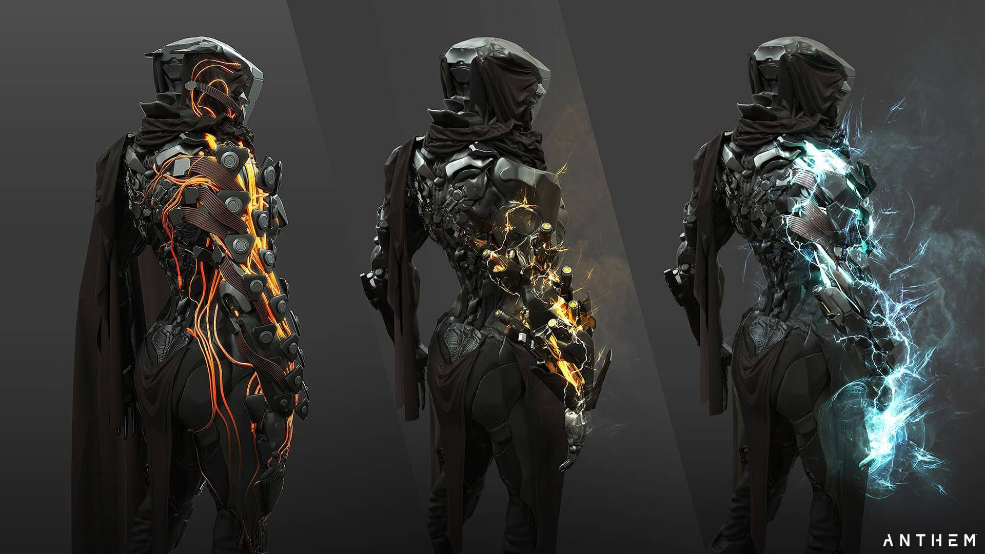 anthem 4K 桌布 壁紙 — 三個身穿暗色機械裝甲的人物，橙色黃色和藍色的能量在裝甲中流動，背景為灰色。