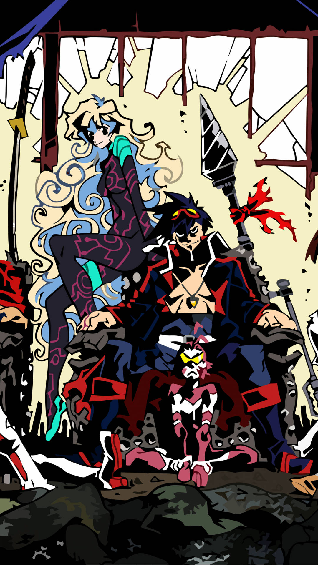 Gurren Lagann 桌布 壁紙 — 三個身穿暗色盔甲的動漫角色坐在瓦礫上，身後有武器和旋轉的能量效果。