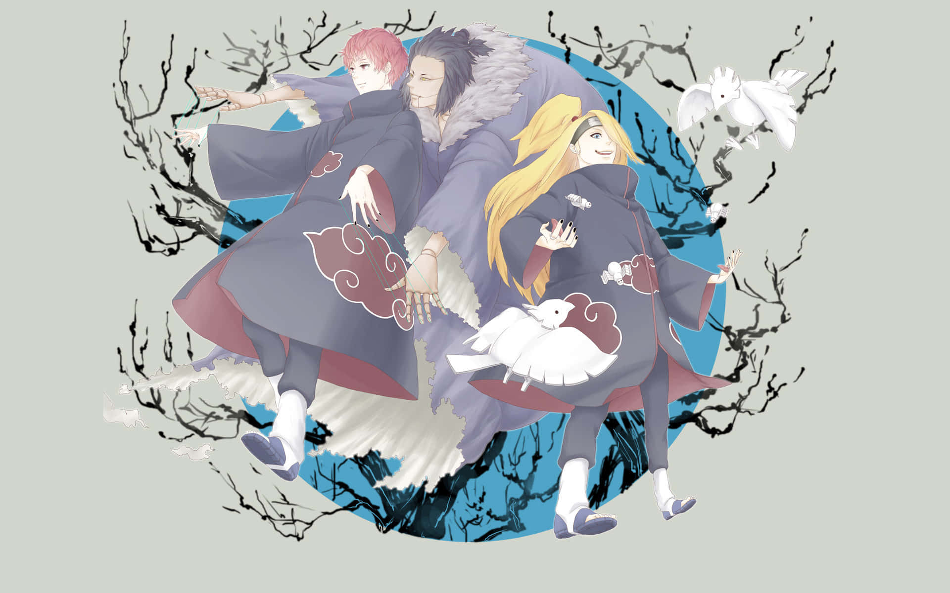 Akatsuki X Deidara 桌布 壁紙 — 三個身穿曉組織斗篷的動漫角色站在光禿的樹枝間，白色鳥兒在他們周圍飛翔。