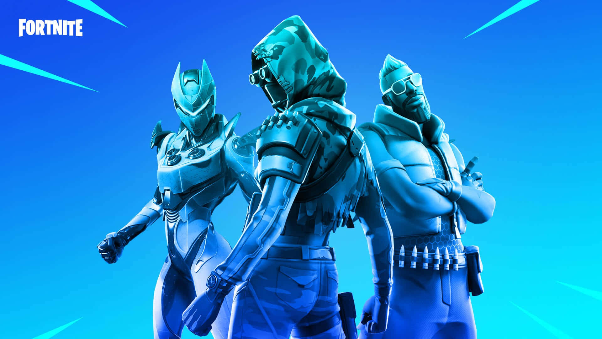 桌布 壁紙 — 三個身穿未來盔甲的 Fortnite 角色，在帶有發光條紋的鮮豔藍色漸變背景前自信地站立。