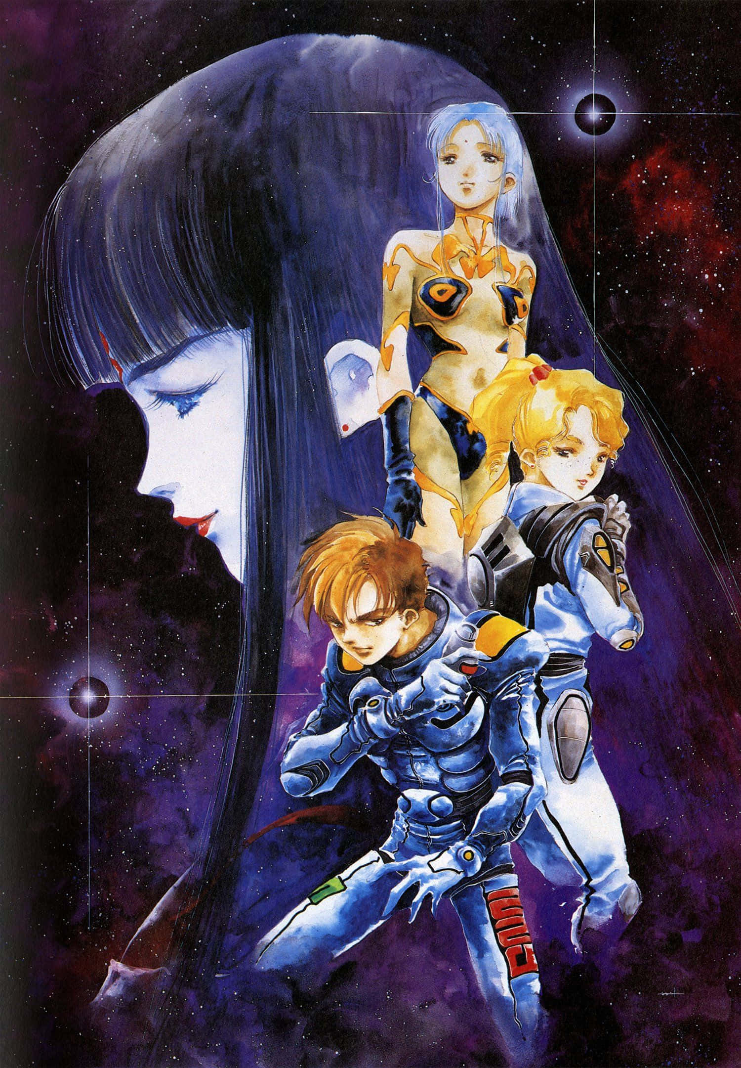Macross 桌布 壁紙 — 三個身穿未來盔甲的動漫角色站在一個巨大女性的臉前，背景是星光燦爛的宇宙。