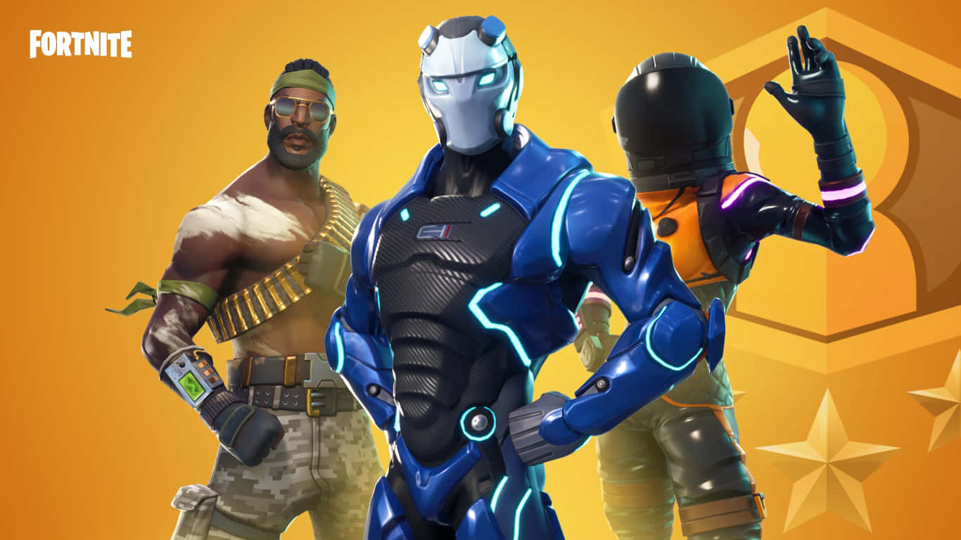 桌布 壁紙 — 三個身穿未來科技戰術裝備的 Fortnite 角色，在帶有星星的橙色發光背景前自信地擺姿勢。