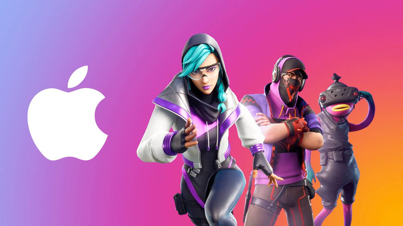 Fortnite Girl 桌布 壁紙 — 三個身穿未來裝備的《要塞英雄》角色在帶有 Apple 標誌的漸變背景前自信地擺姿勢。