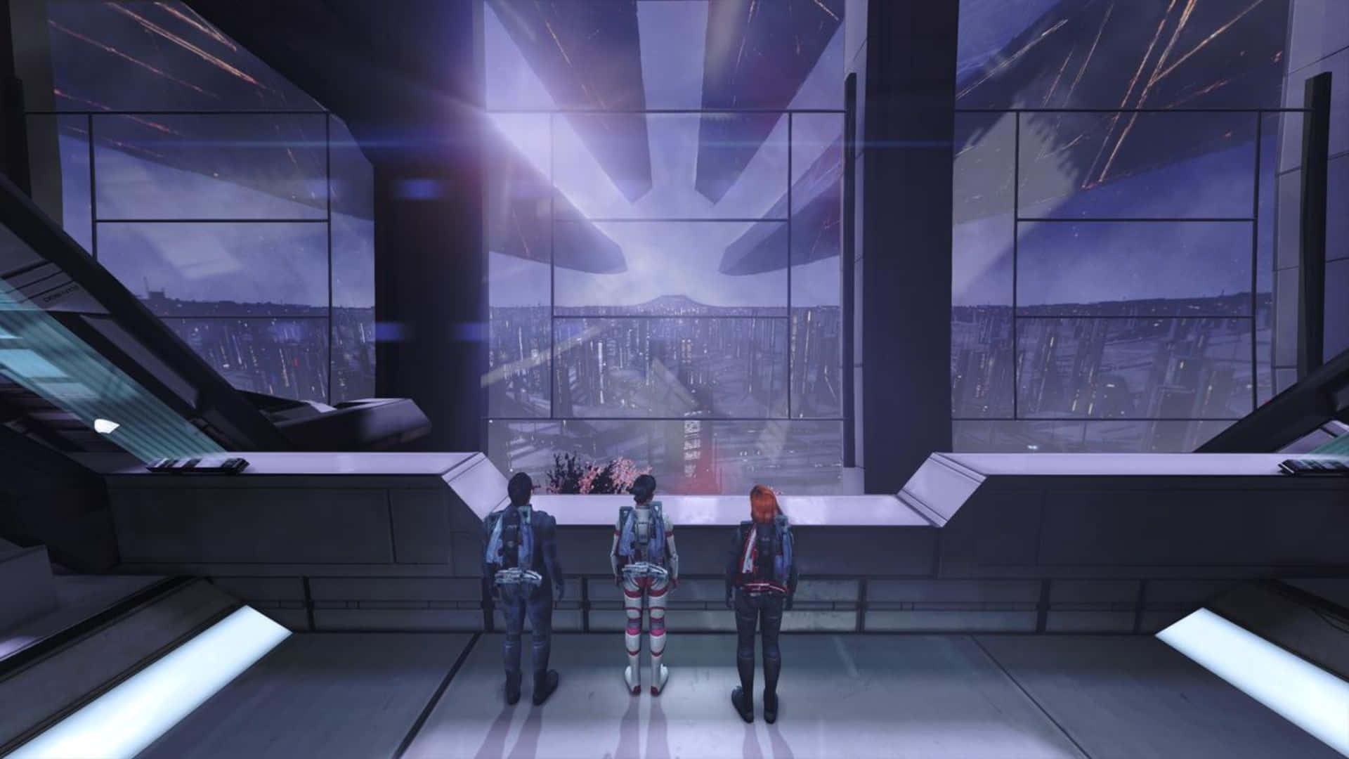 Mass Effect Citadel 桌布 壁紙 — 三個身穿未來裝備的人物站在時尚的太空站觀測台，凝視著星空下廣闊的外星城市景觀。