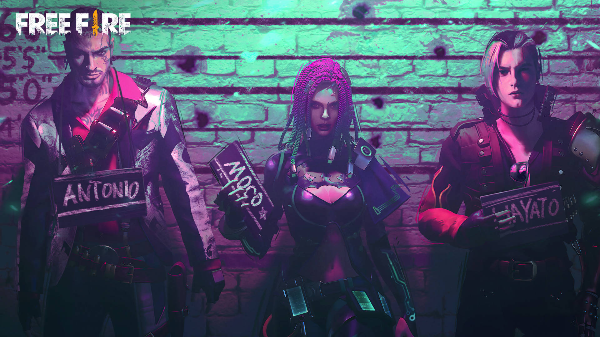 free fire bundle 桌布 壁紙 — 三個身穿未來裝備的賽博龐克風格角色，站在霓虹燈照亮的磚牆前，手持名牌。