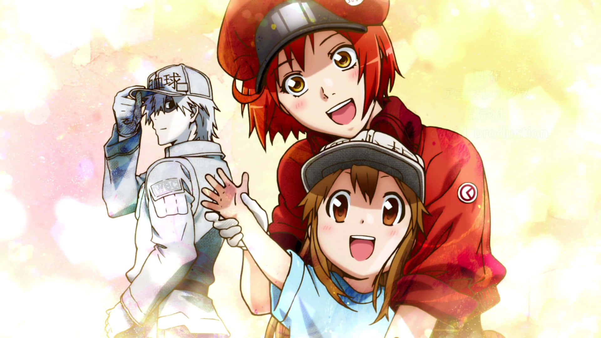 Cells At Work 桌布 壁紙 — 三個身穿棒球制服的動漫角色在閃耀金色背景下以燦爛表情歡呼。
