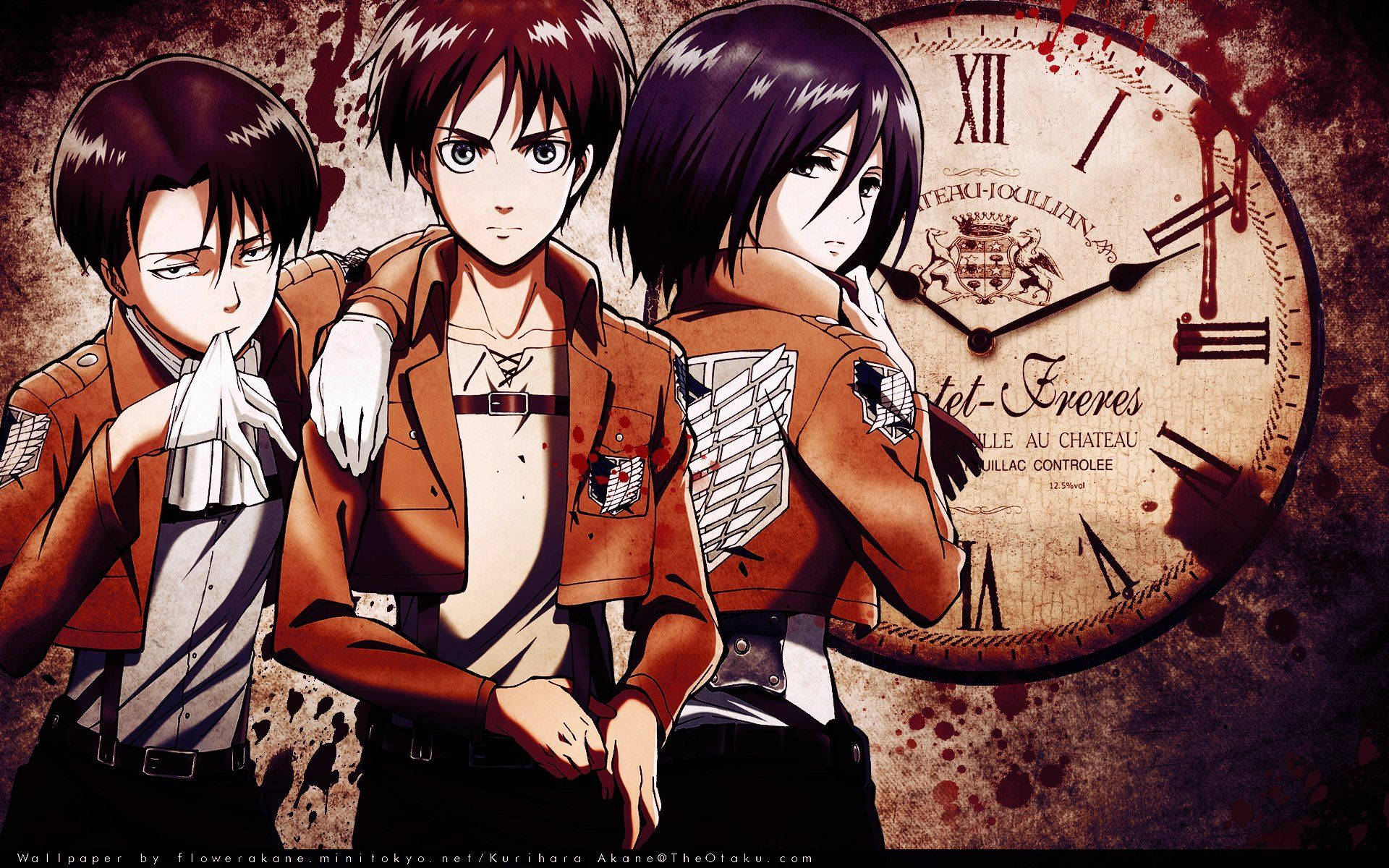 Levi 桌布 壁紙 — 三個身穿棕色外套的動漫角色站在一個沾滿血跡、帶有法文文字的時鐘前。