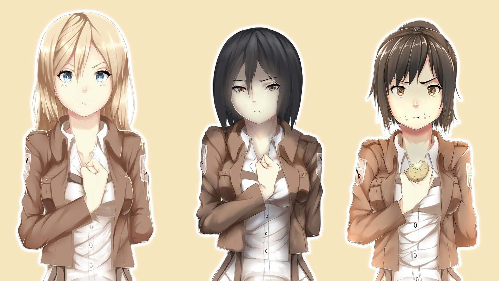 Sasha Blouse 桌布 壁紙 — 三個身穿棕色軍裝外套的動漫女孩並排站在柔和的米色背景前，各自展現不同的表情和姿勢。