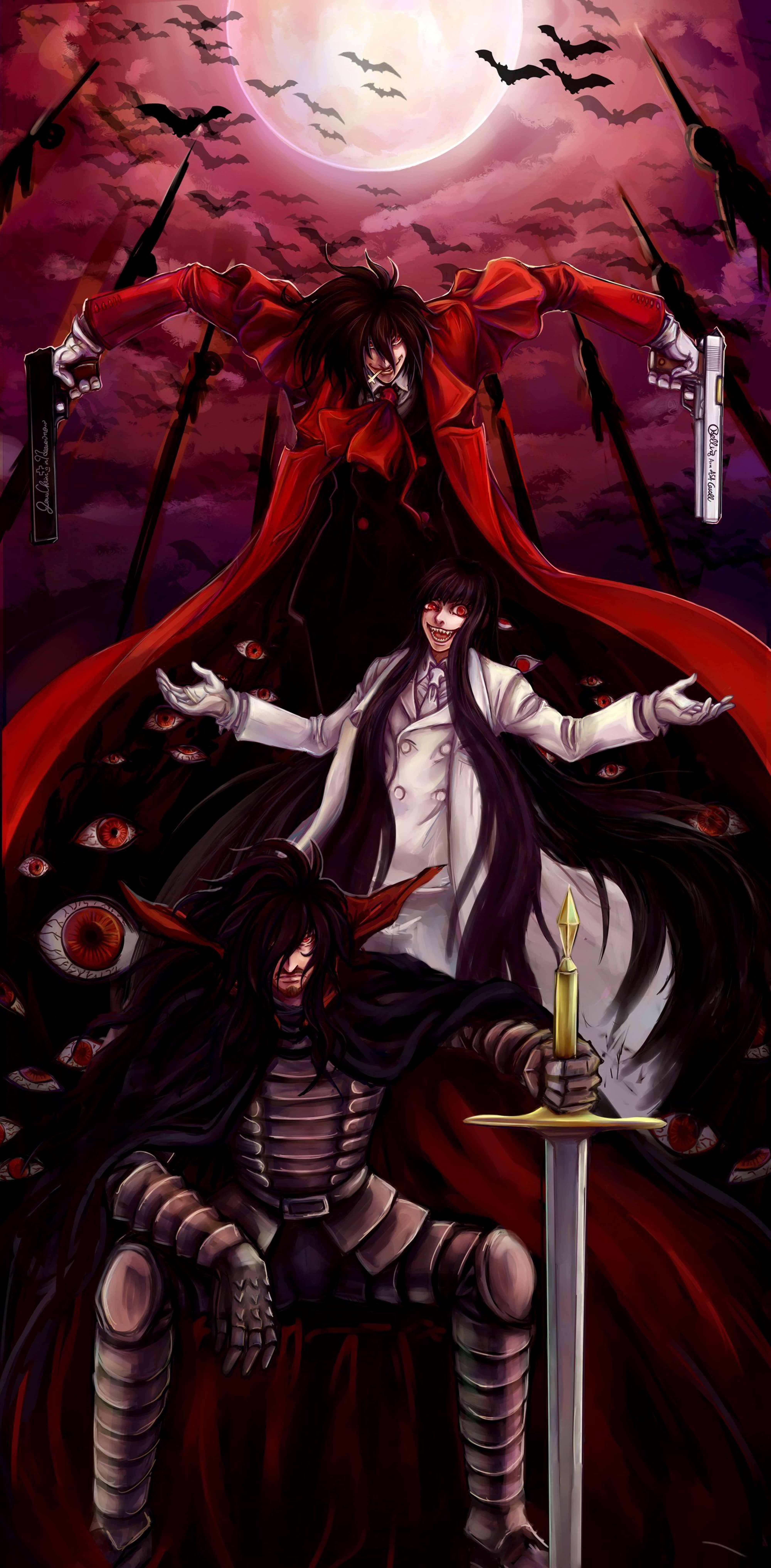 Hellsing Ultimate 4K 桌布 壁紙 — 三個身穿深紅和白色服裝的動漫角色站在滿月前，蝙蝠在頭頂飛翔。