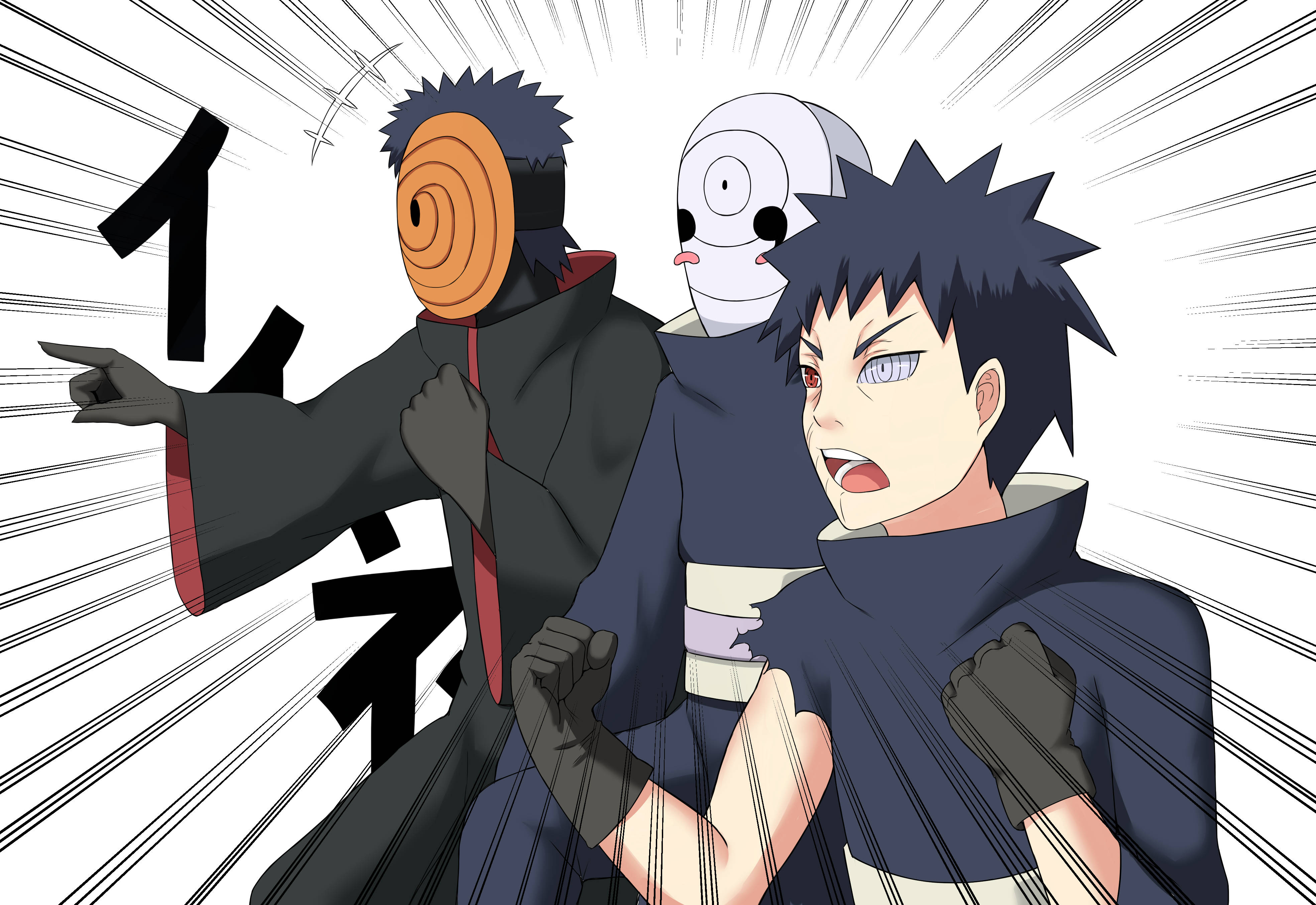 Obito Uchiha 桌布 壁紙 — 三個身穿深色斗篷、戴著面具的動漫角色，以動態動作姿勢與一個刺蝟頭男孩對峙，背景有速度線。