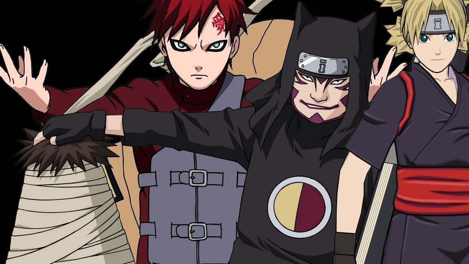 Kankuro 桌布 壁紙 — 三個身穿深色服裝的動漫忍者角色在黑色背景下擺出強烈表情的姿勢。